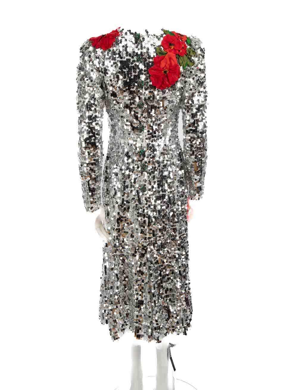 Dolce & Gabbana Silver Sequinned Floral Dress Size M In Excellent Condition In London, GB