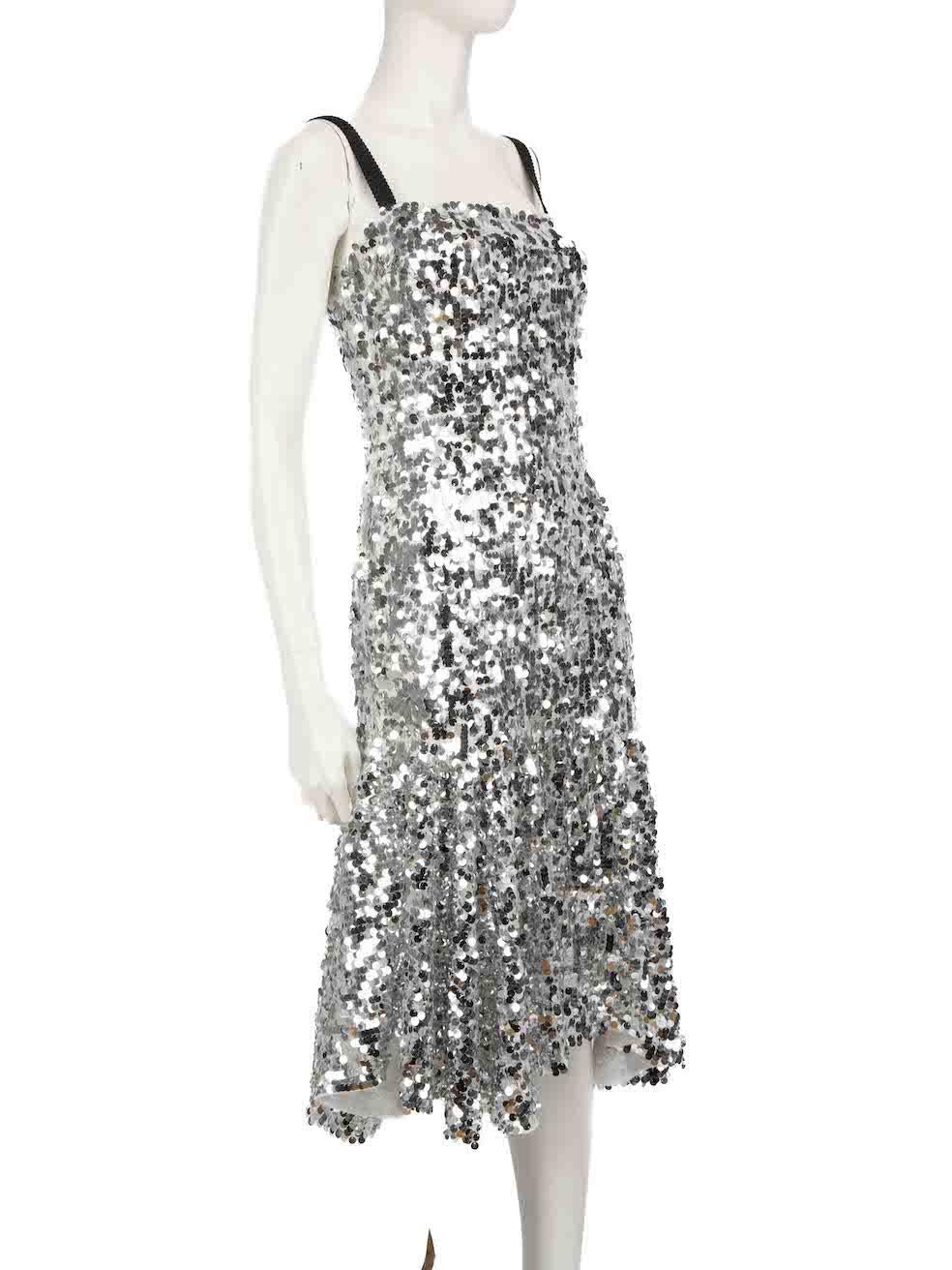 CONDITION is Very good. Hardly any visible wear to dress is evident on this used Dolce & Gabbana designer resale item. This item is missing the size label.
 
 
 
 Details
 
 
 Silver
 
 Polyester
 
 Dress
 
 Sequinned
 
 Midi
 
 Sleeveless
 
 Square