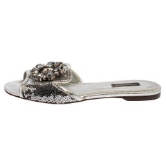 Dolce & Gabbana Silver Sequins Patent Leather Embellished Slides Sandals Size 38