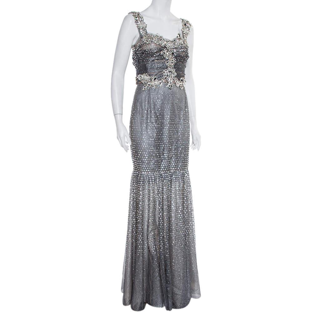 Dolce & Gabbana Silver Tulle Crystal Embellished Mermaid Evening Gown M In Good Condition For Sale In Dubai, Al Qouz 2