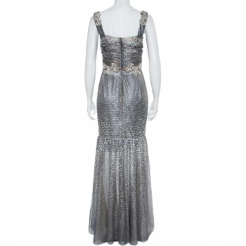 Women's Dolce & Gabbana Silver Tulle Crystal Embellished Mermaid Evening Gown M For Sale
