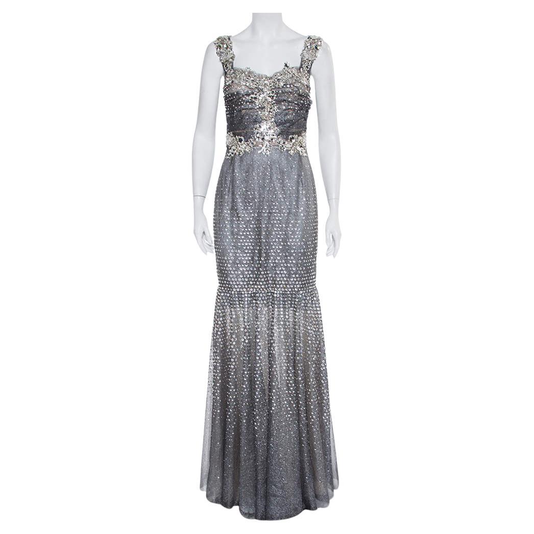 Dolce & Gabbana Silver Tulle Crystal Embellished Mermaid Evening Gown M For Sale