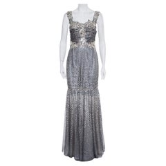 Used Dolce & Gabbana Silver Tulle Crystal Embellished Mermaid Evening Gown M