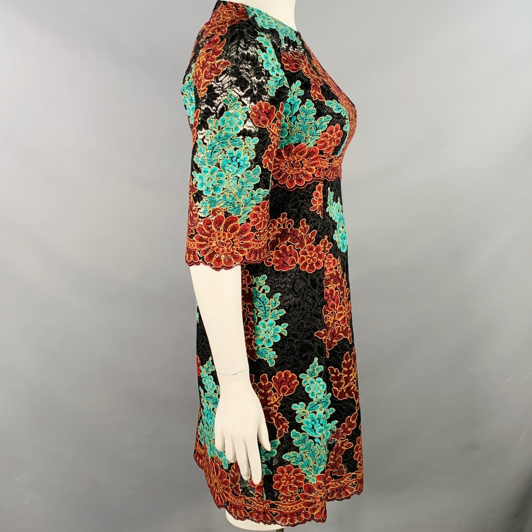 DOLCE & GABBANA Taille 10 Noir Vert Marron Dentelle florale Manches 3/4 Robe longueur genou Excellent état - En vente à San Francisco, CA