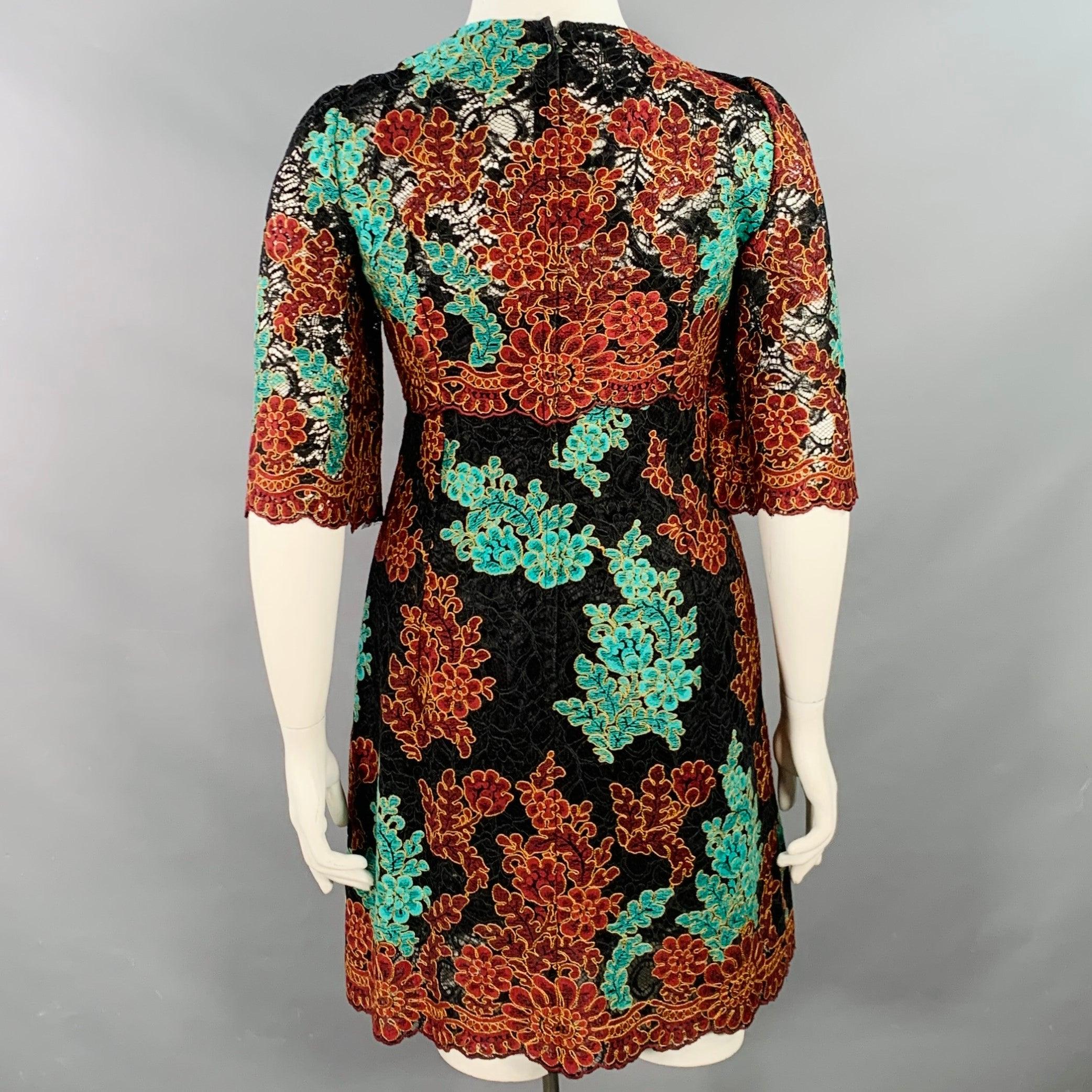 DOLCE & GABBANA Taille 10 Noir Vert Marron Dentelle florale Manches 3/4 Robe longueur genou Pour femmes en vente