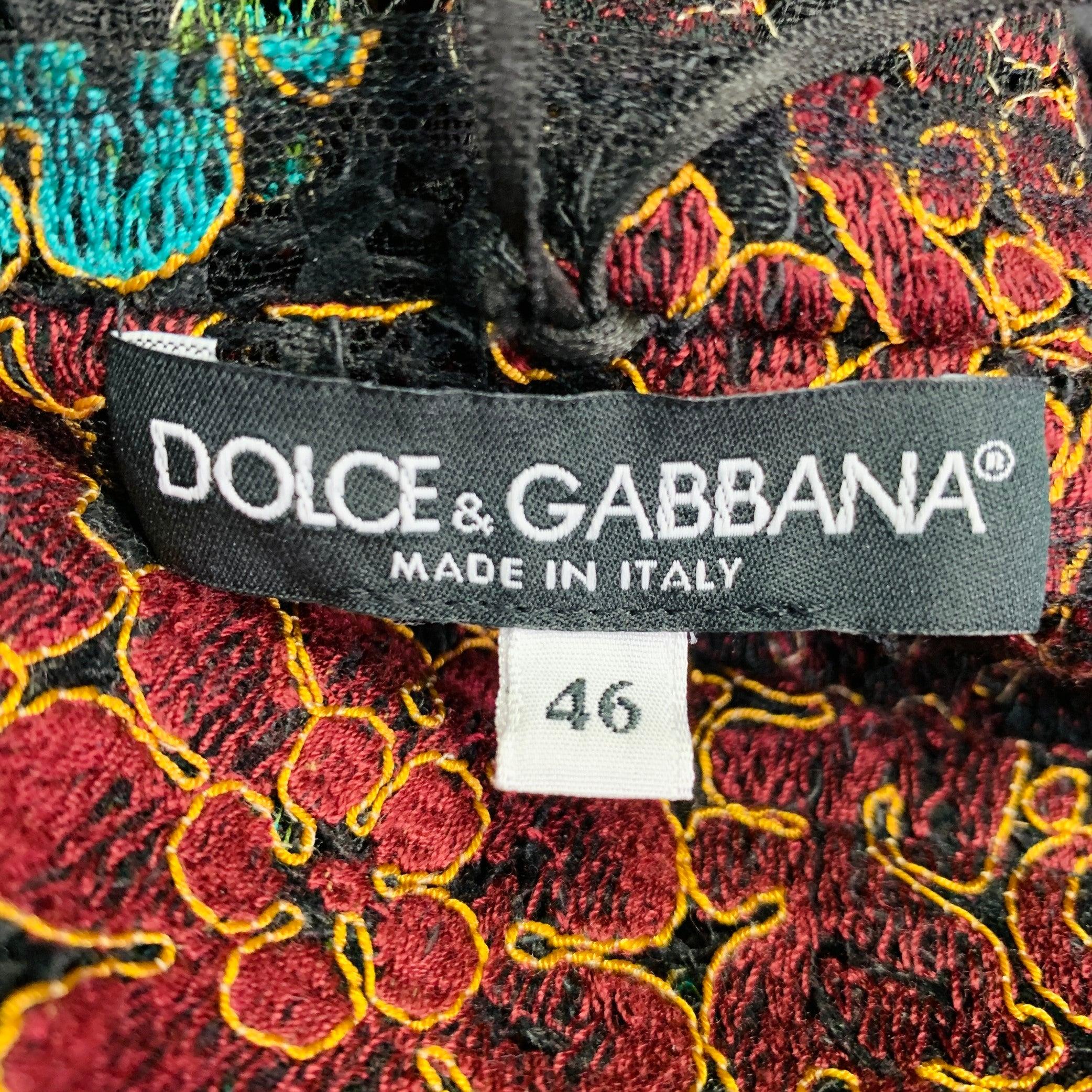 DOLCE & GABBANA Taille 10 Noir Vert Marron Dentelle florale Manches 3/4 Robe longueur genou en vente 1