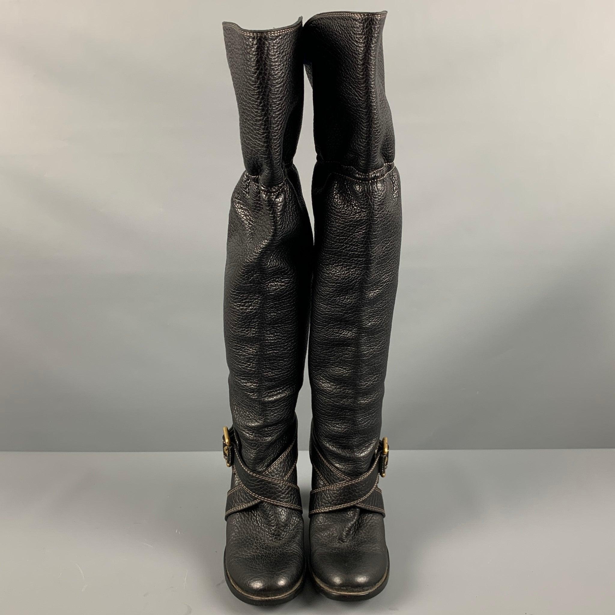 Women's DOLCE & GABBANA Size 10 Black Leather Pebble Grain Ankle Strap Boots For Sale