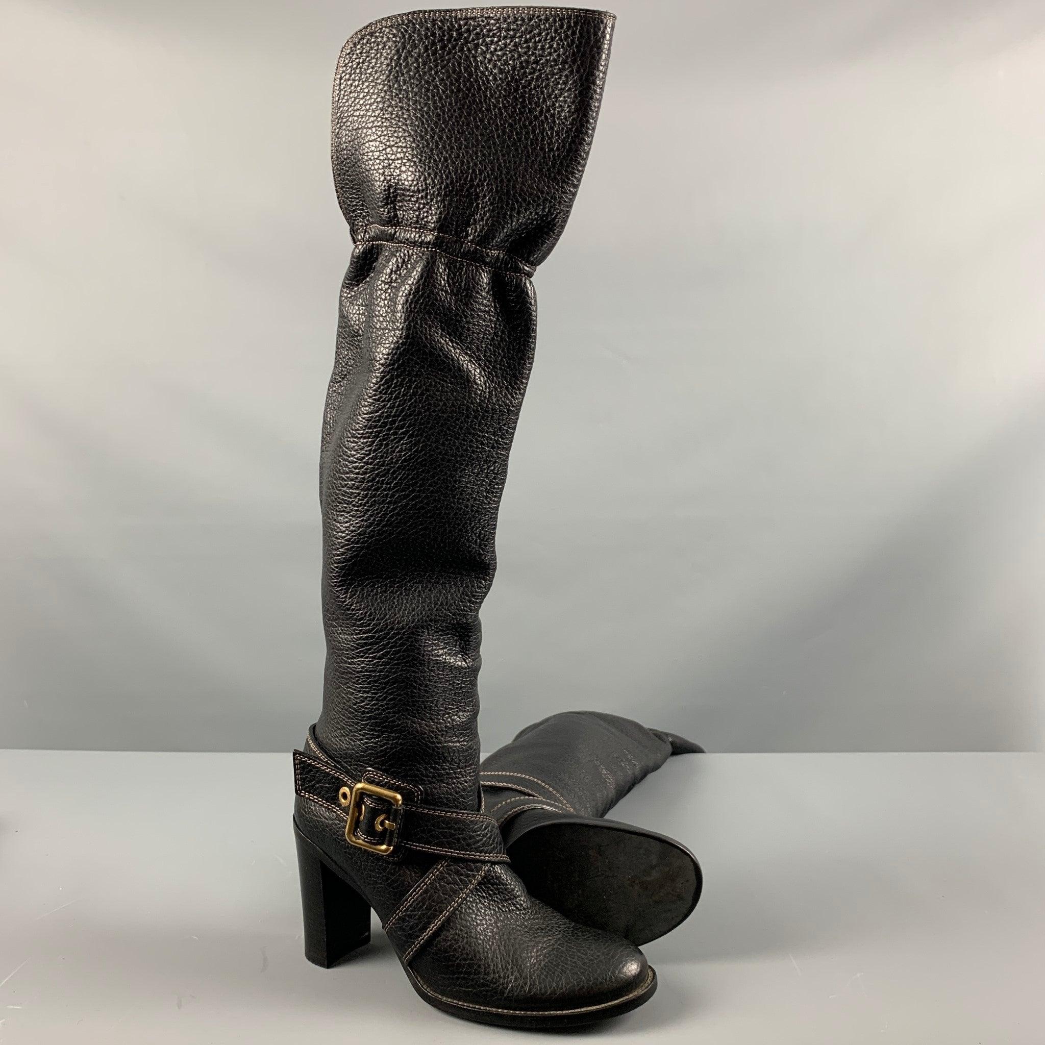 DOLCE & GABBANA Size 10 Black Leather Pebble Grain Ankle Strap Boots For Sale 1