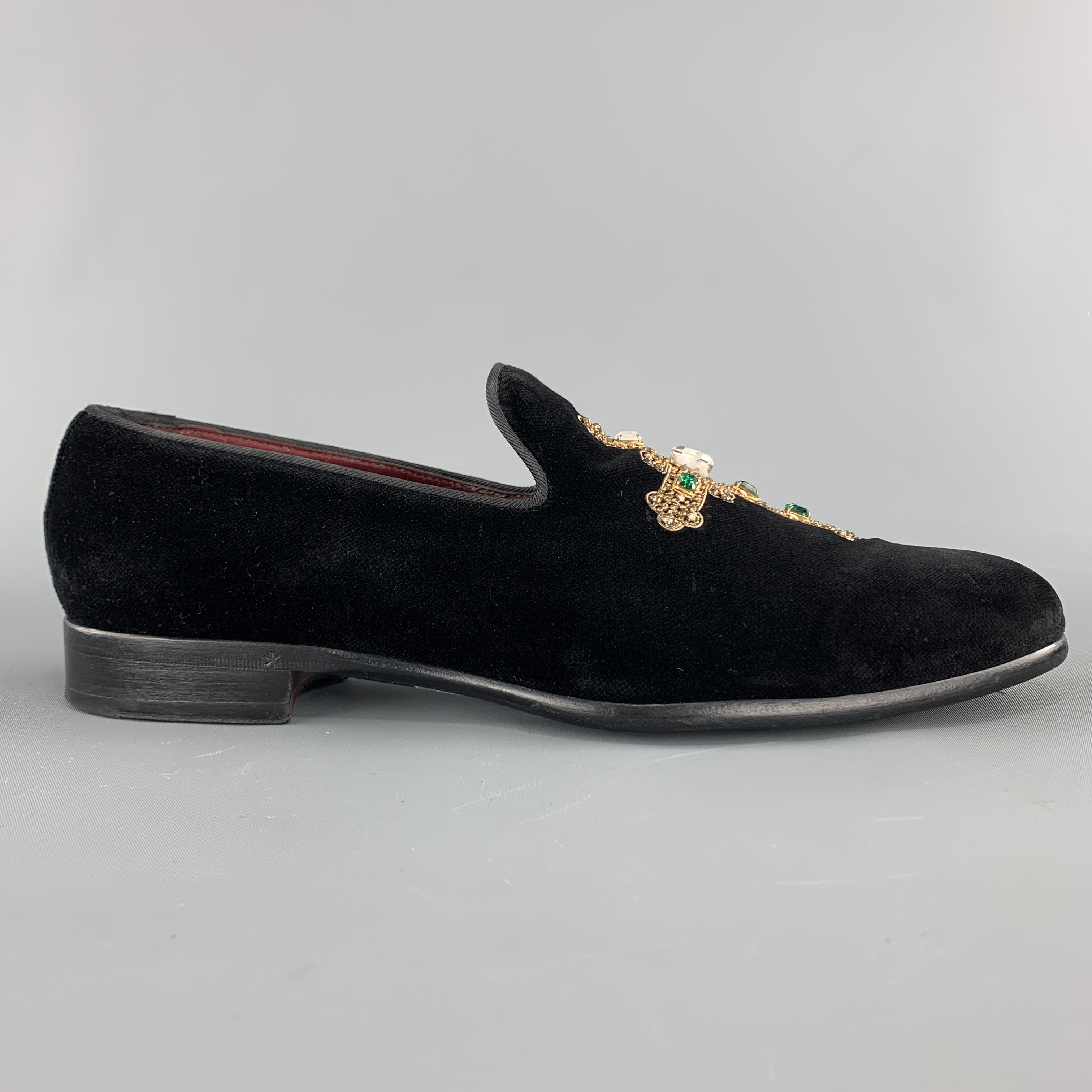 DOLCE & GABBANA Size 10 Black Velvet Gold Rhinestone Cross Tuxedo Loafers In Good Condition In San Francisco, CA
