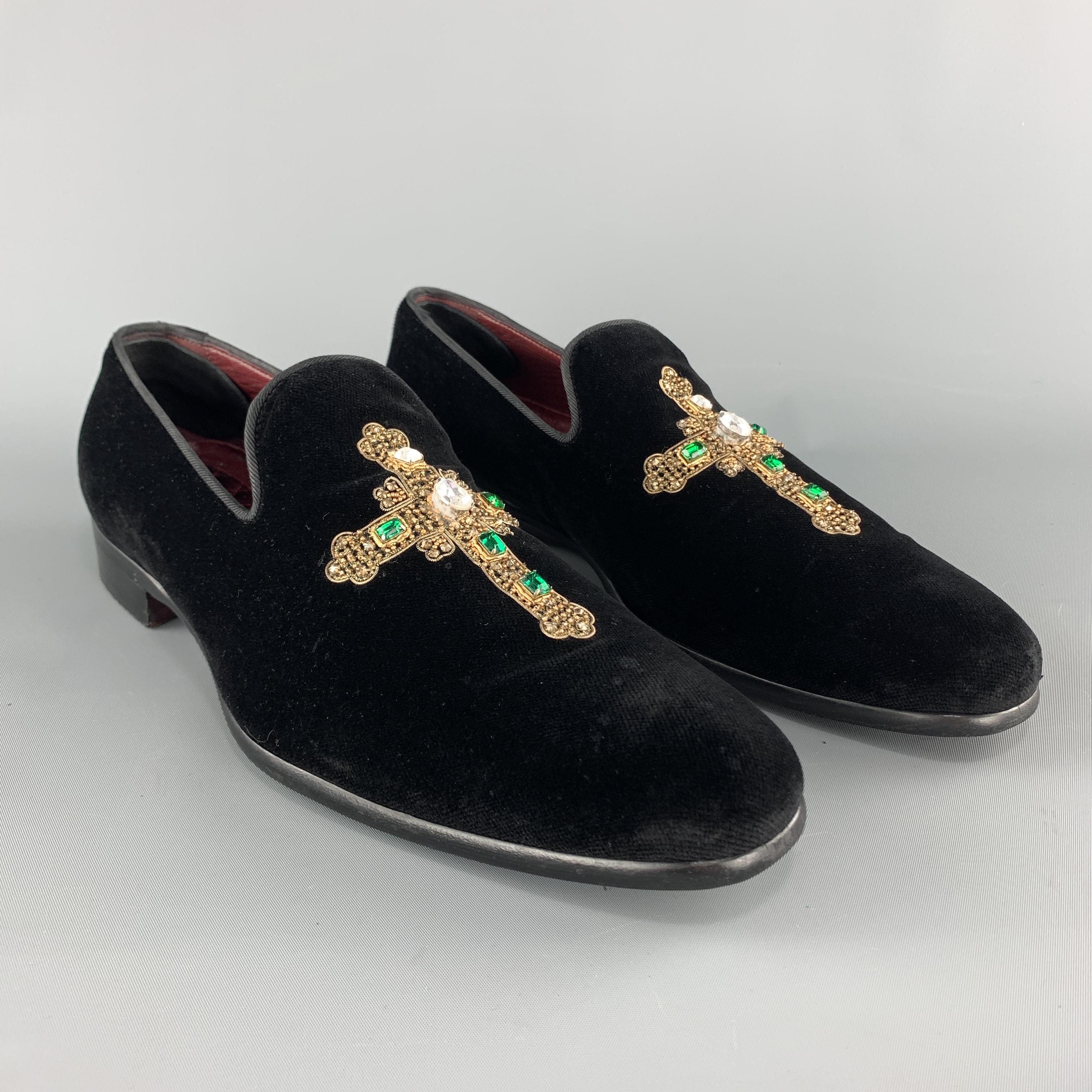 Men's DOLCE & GABBANA Size 10 Black Velvet Gold Rhinestone Cross Tuxedo Loafers