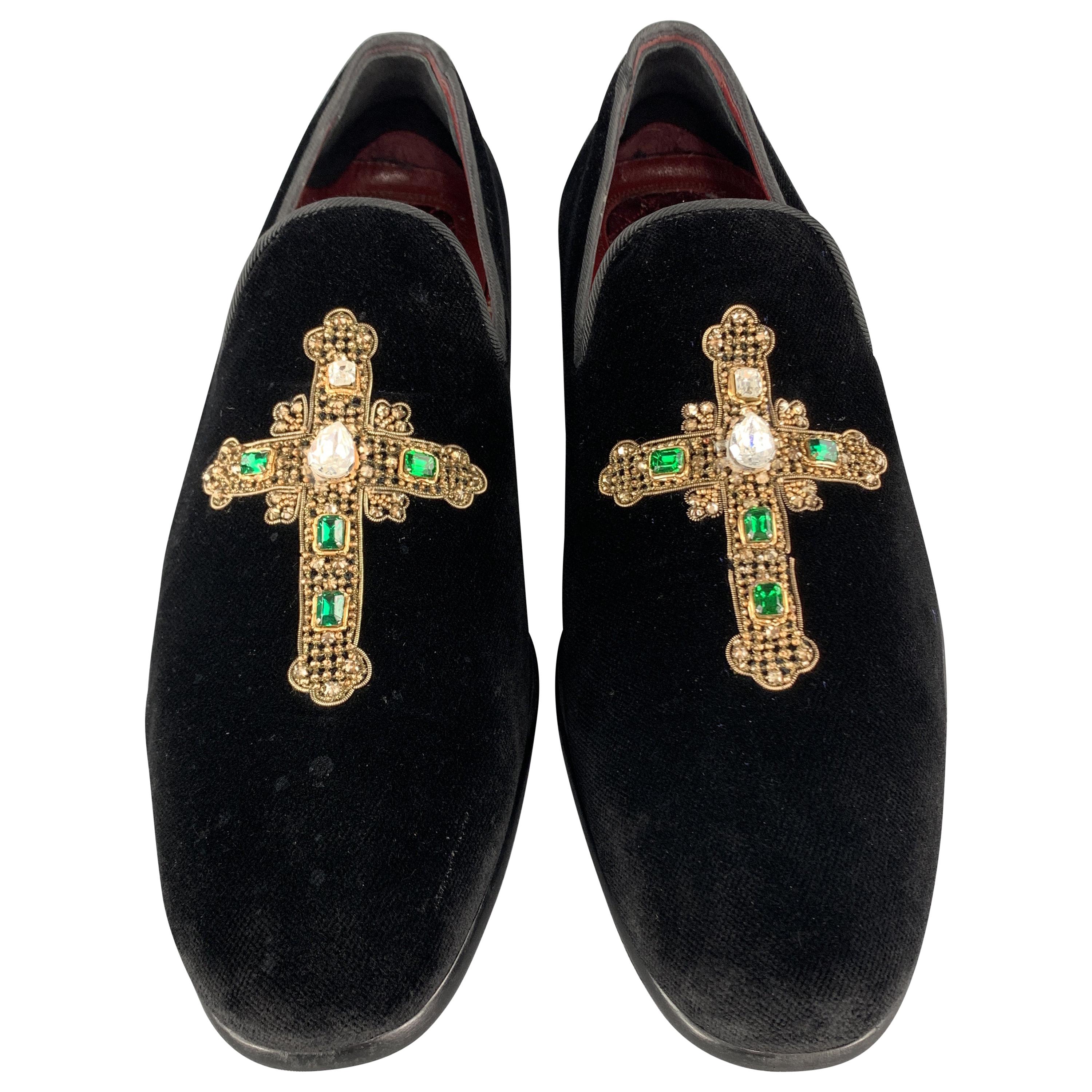 DOLCE & GABBANA Size 10 Black Velvet Gold Rhinestone Cross Tuxedo Loafers