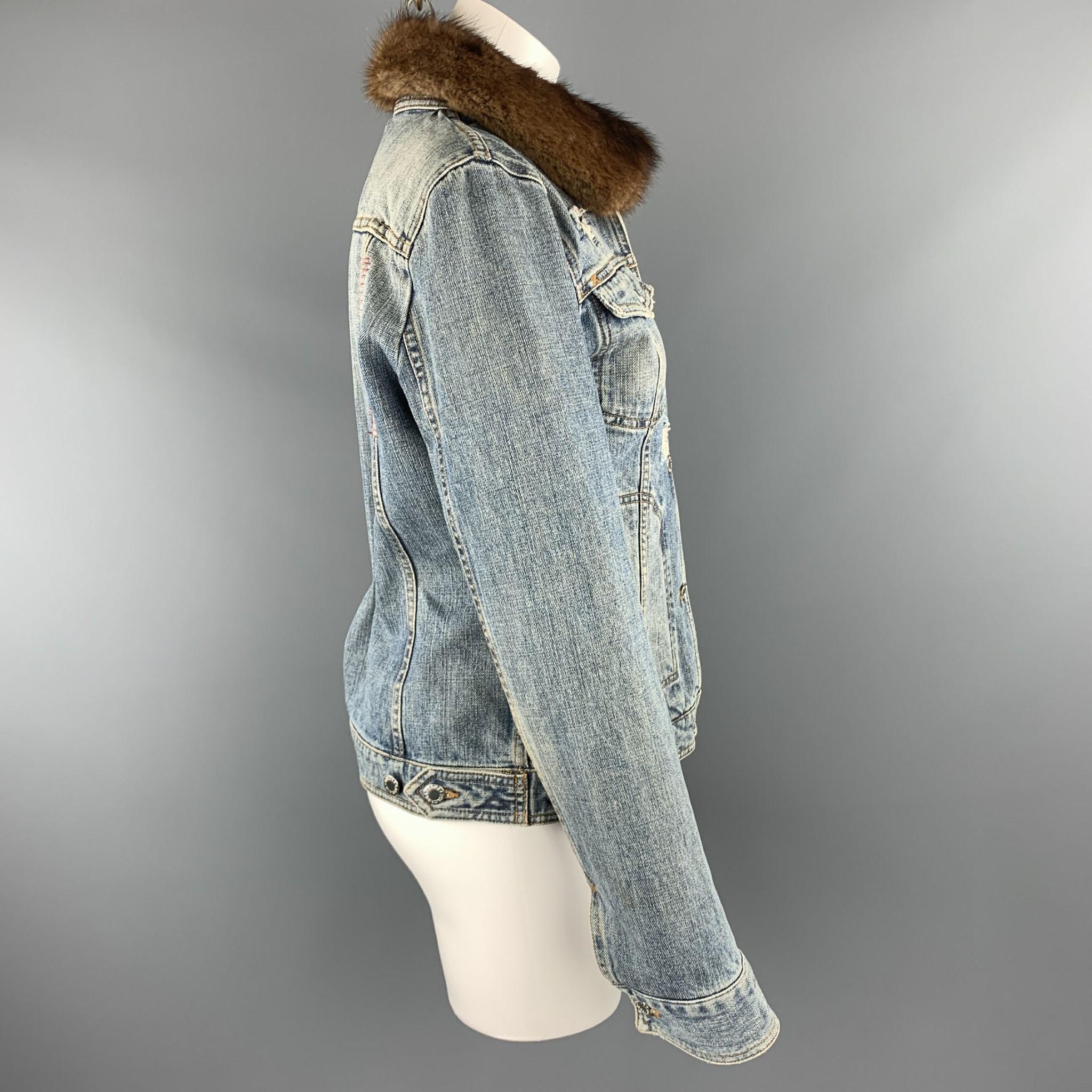 Women's DOLCE & GABBANA Size 10 Blue Denim Fur Collar Trucker Jacket