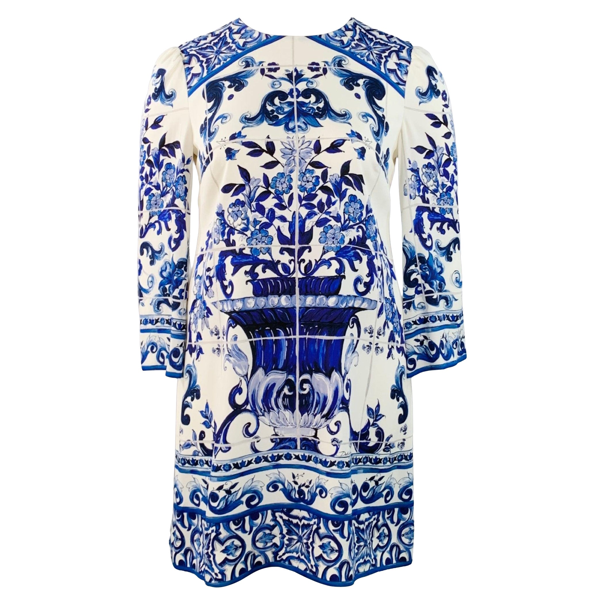 DOLCE 
GABBANA Größe 10 Blau Weiß Seidenmischung Langärmliges Minikleid im Angebot