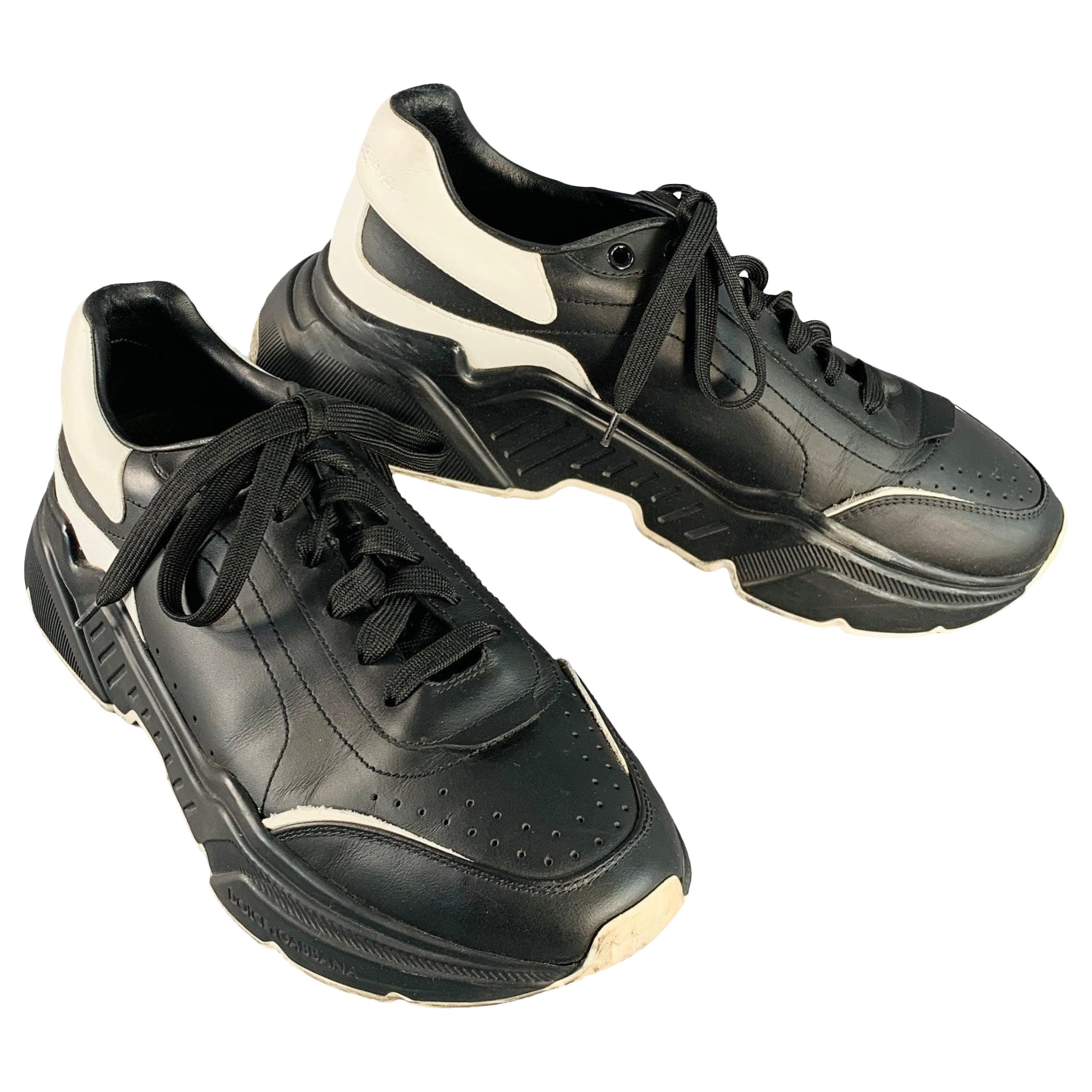 DOLCE & GABBANA Größe 10 Daymaster Schwarz Weiß Color Block Leder Chunky Sole Sneakers im Angebot