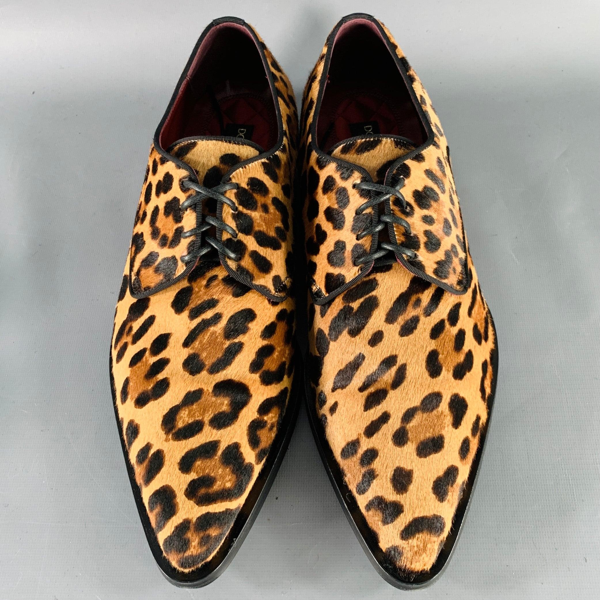 Men's DOLCE & GABBANA Size 11 Tan Brown Black Animal Print Pony Hair Lace-Up Shoes For Sale