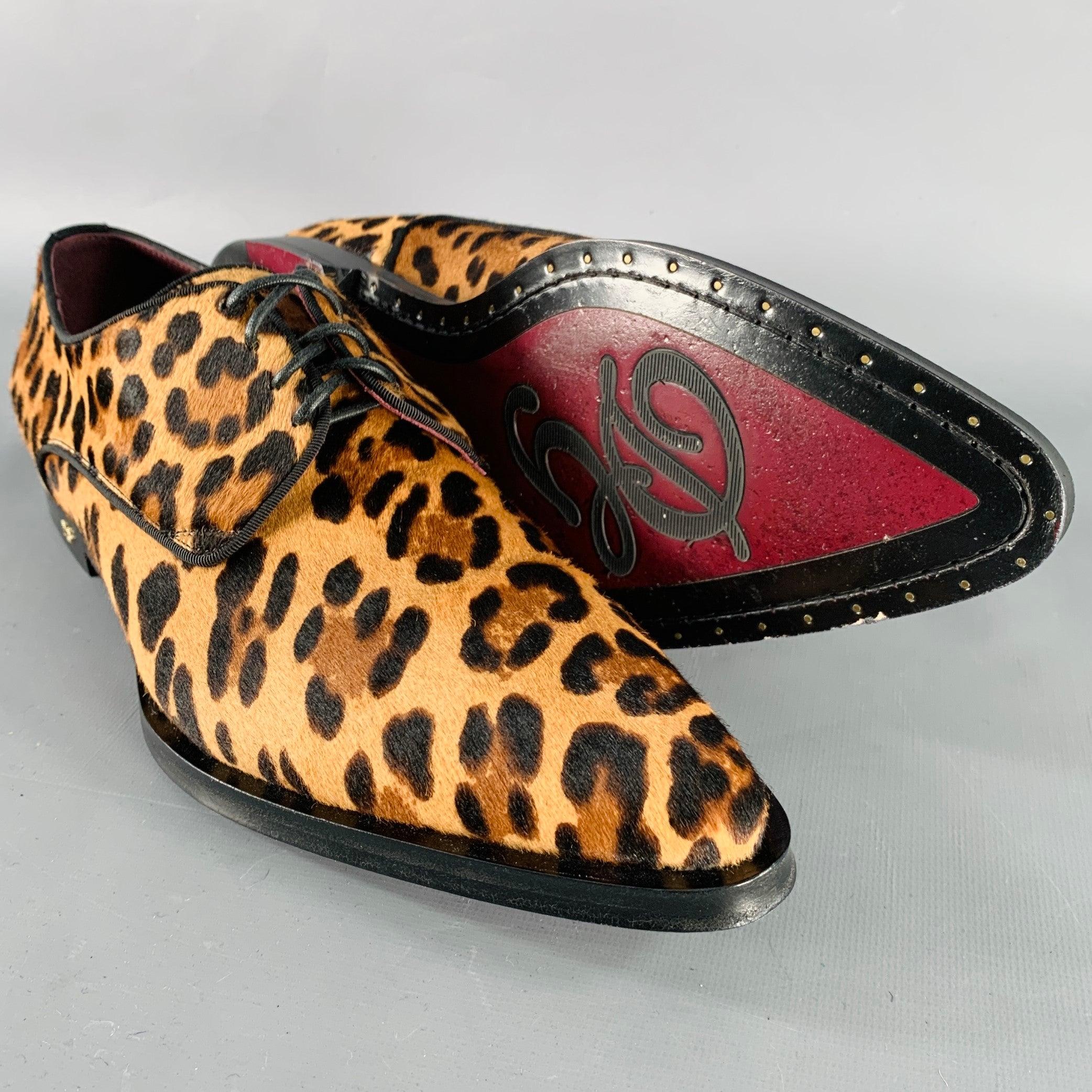 DOLCE & GABBANA Size 11 Tan Brown Black Animal Print Pony Hair Lace-Up Shoes For Sale 1