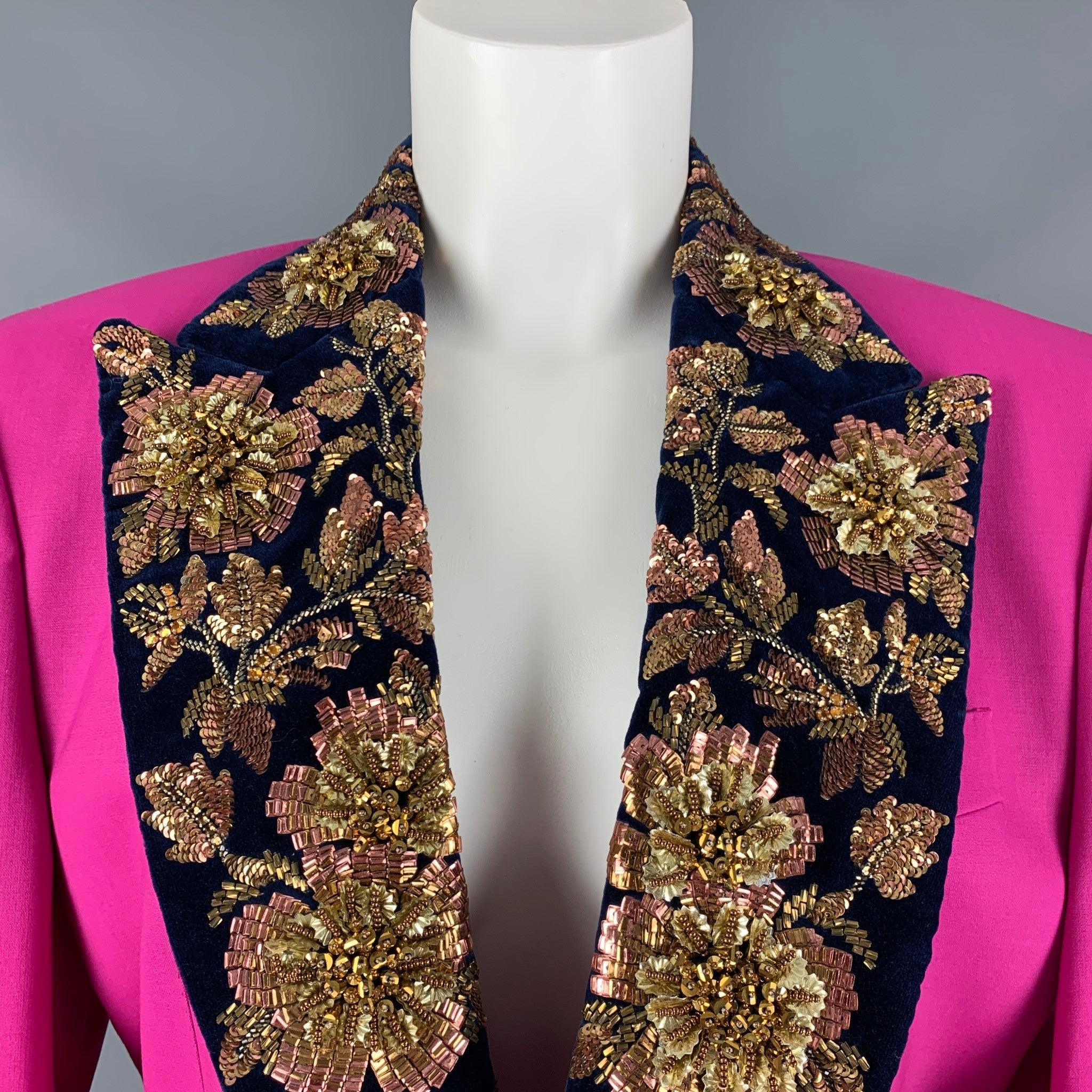 DOLCE & GABBANA Size 12 Pink Navy Gold Wool Beaded Peak Lapel Pants Suit In Good Condition In San Francisco, CA
