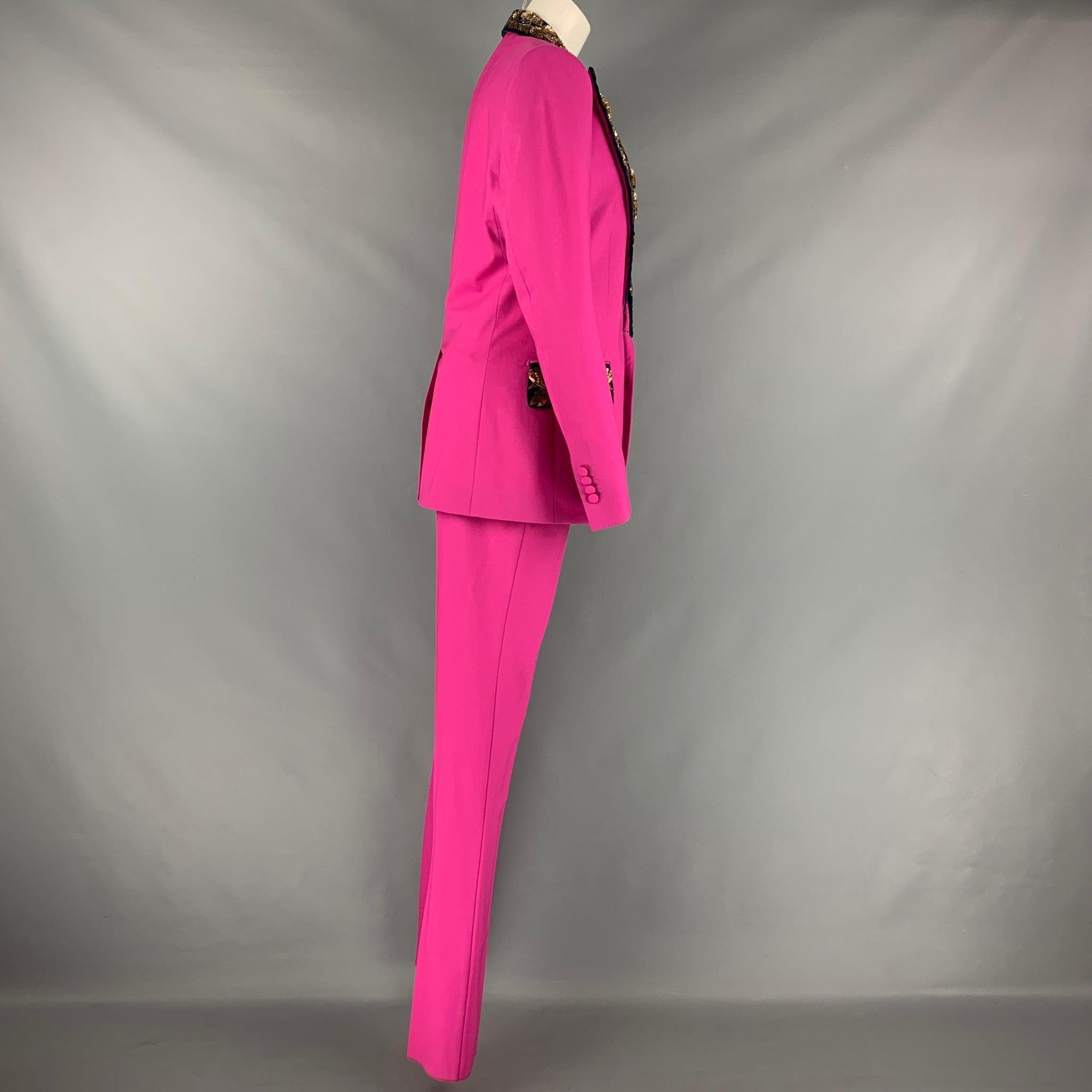 DOLCE & GABBANA Size 12 Pink Navy Gold Wool Beaded Peak Lapel Pants Suit 1