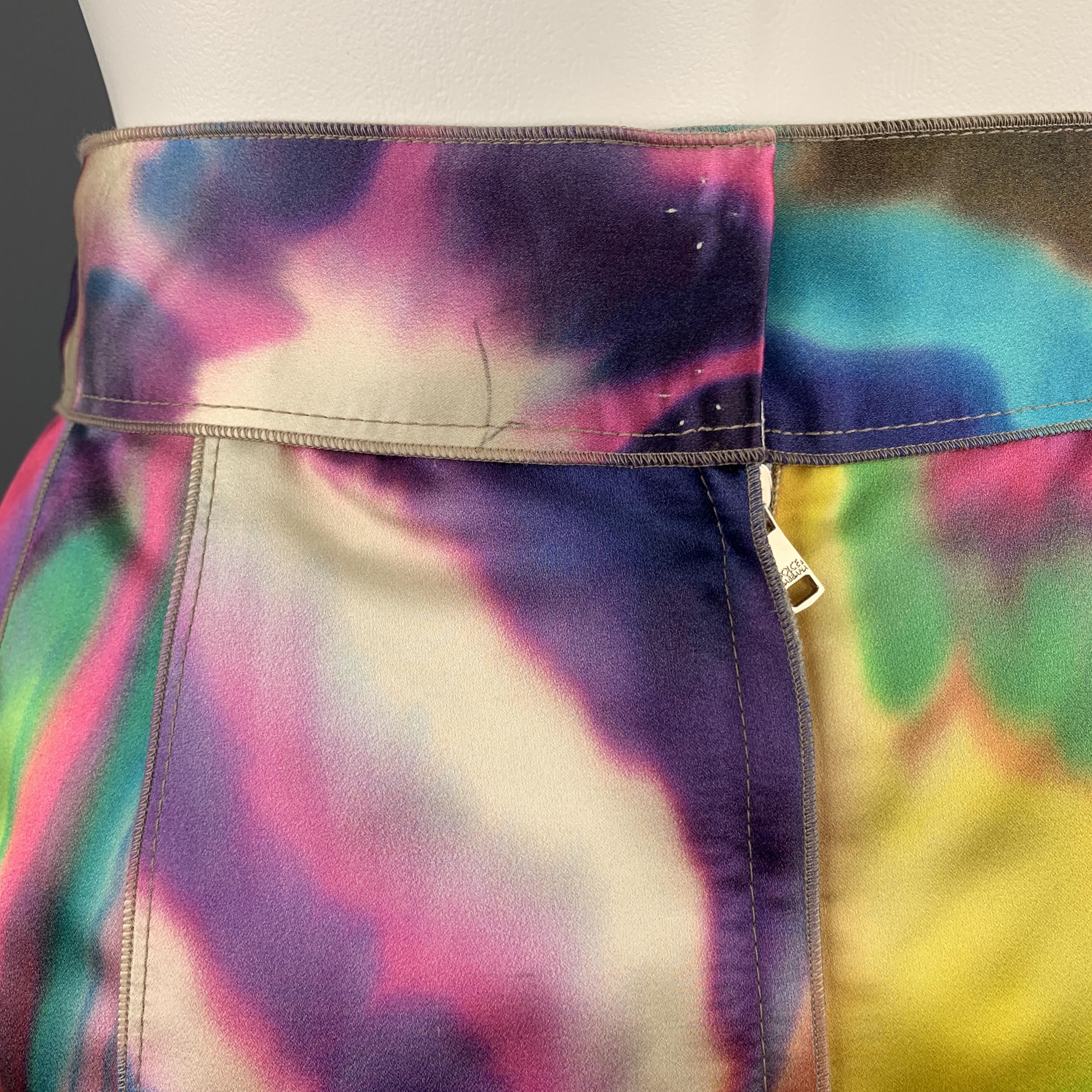 DOLCE & GABBANA Size 2 Multi-Color Watercolor Silk Satin Skirt In New Condition In San Francisco, CA