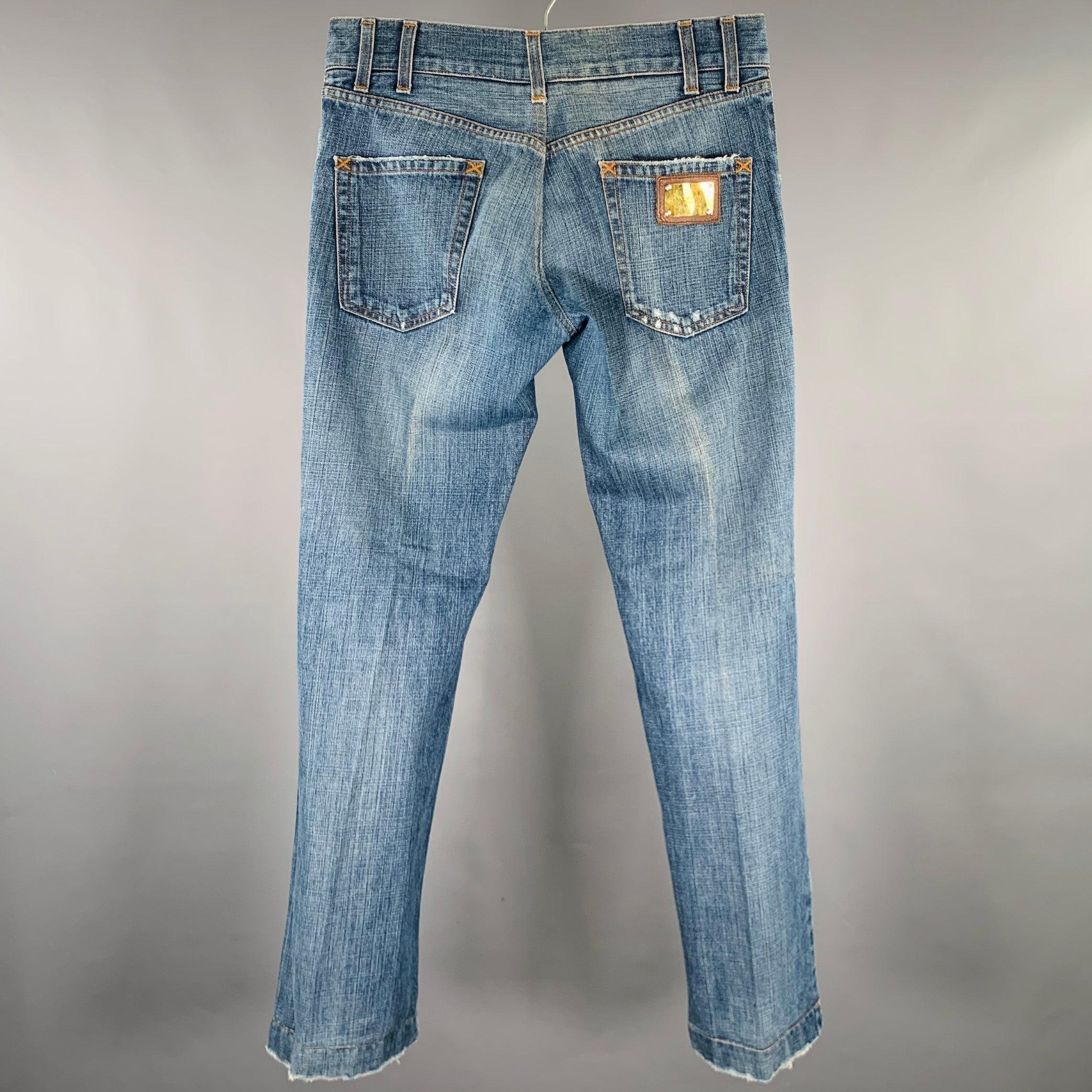 DOLCE & GABBANA Size 32 Blue Distressed Cotton Jeans In Good Condition For Sale In San Francisco, CA