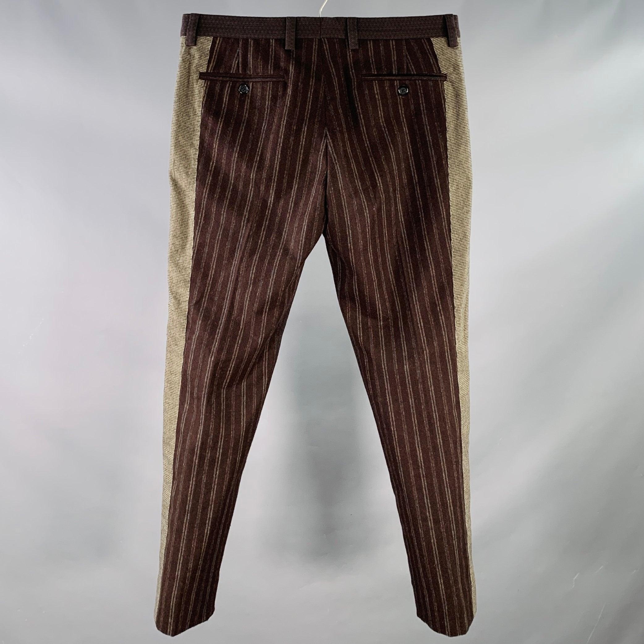 Gris Dolce & Gabbana Size 32 Brown Grey Wool Blend Stripe Houndstooth Zip Fly Dress Pants en vente