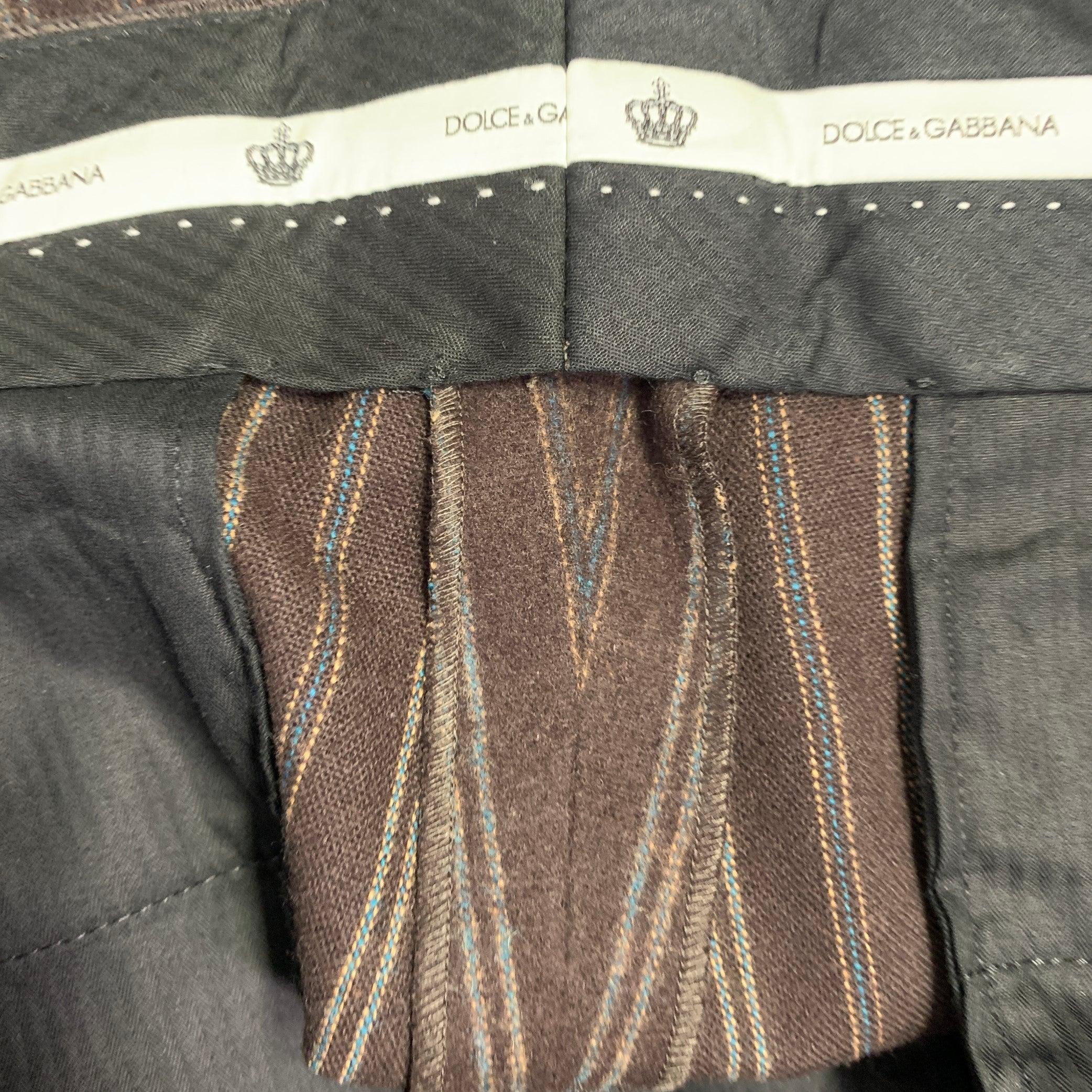 Dolce & Gabbana Size 32 Brown Grey Wool Blend Stripe Houndstooth Zip Fly Dress Pants en vente 2