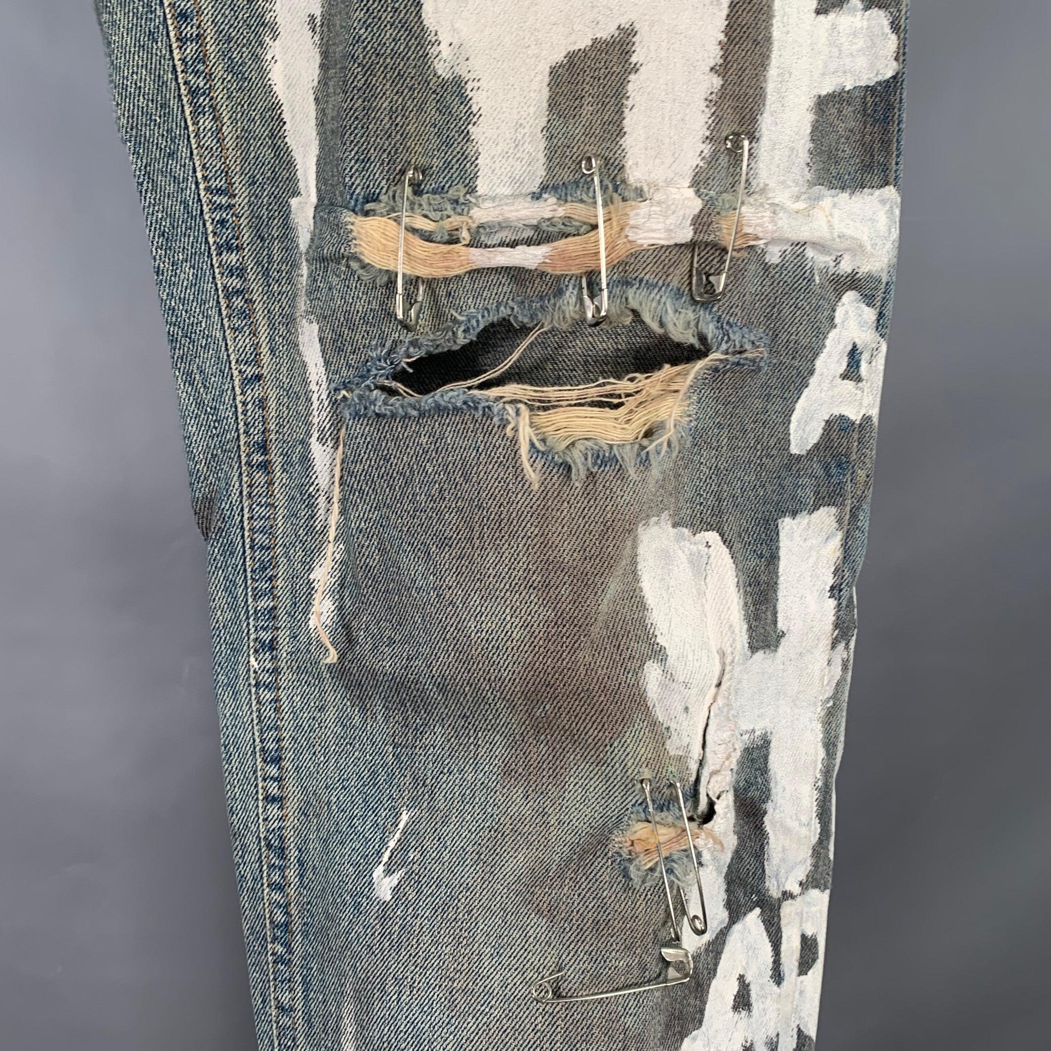 Gray DOLCE & GABBANA Size 33 Heaven and Hell Blue White Hand Painted Denim Straight Distressed Jeans For Sale
