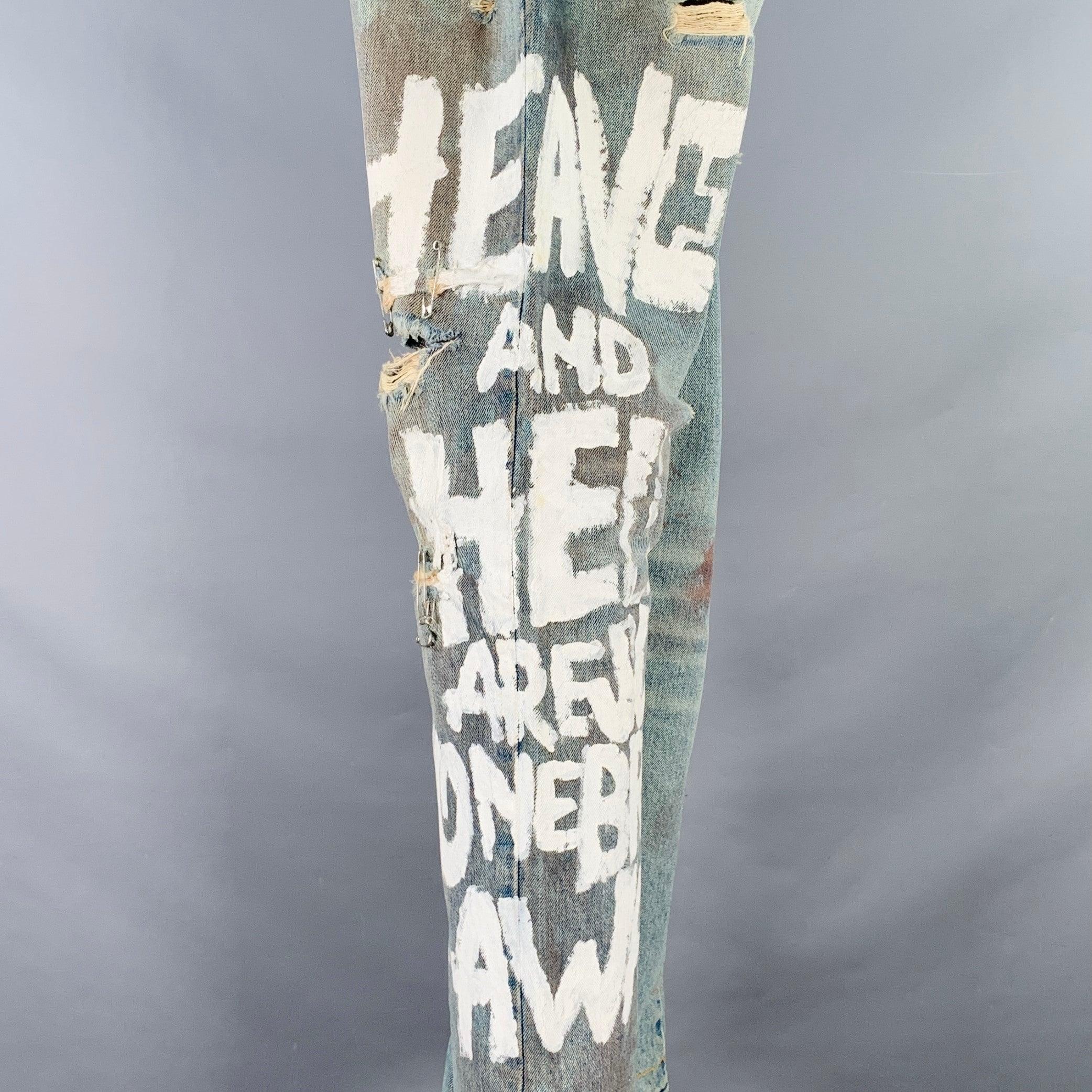 DOLCE & GABBANA Size 33 Heaven and Hell Blue White Hand Painted Denim Straight Distressed Jeans For Sale 1