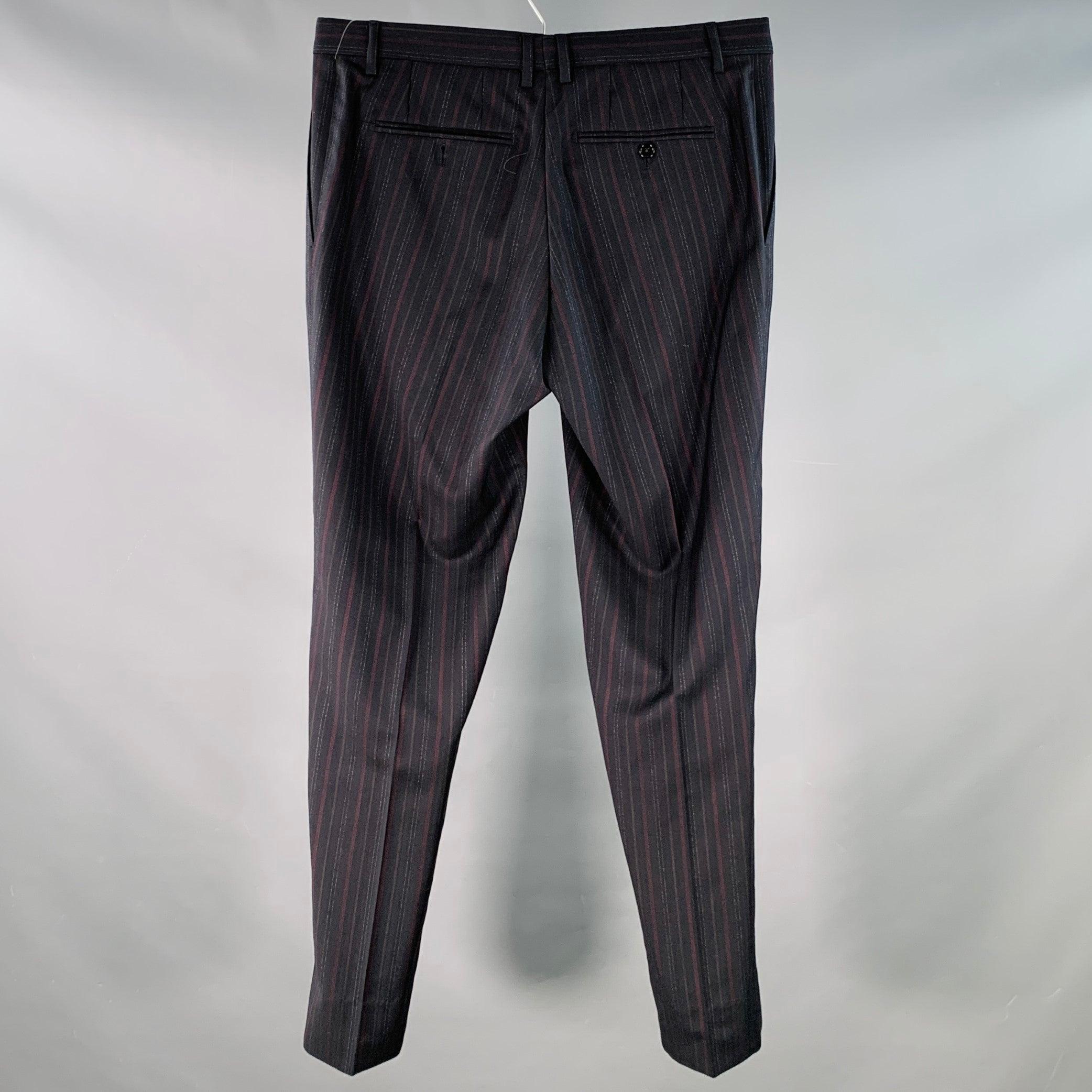 Noir Dolce & Gabbana Taille 34 Pantalon habillé en laine à rayures noires et bourgogne à devant plat en vente