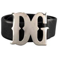 Used DOLCE & GABBANA Size 34 Black Leather SIlver Tone Western DG Buckle Belt