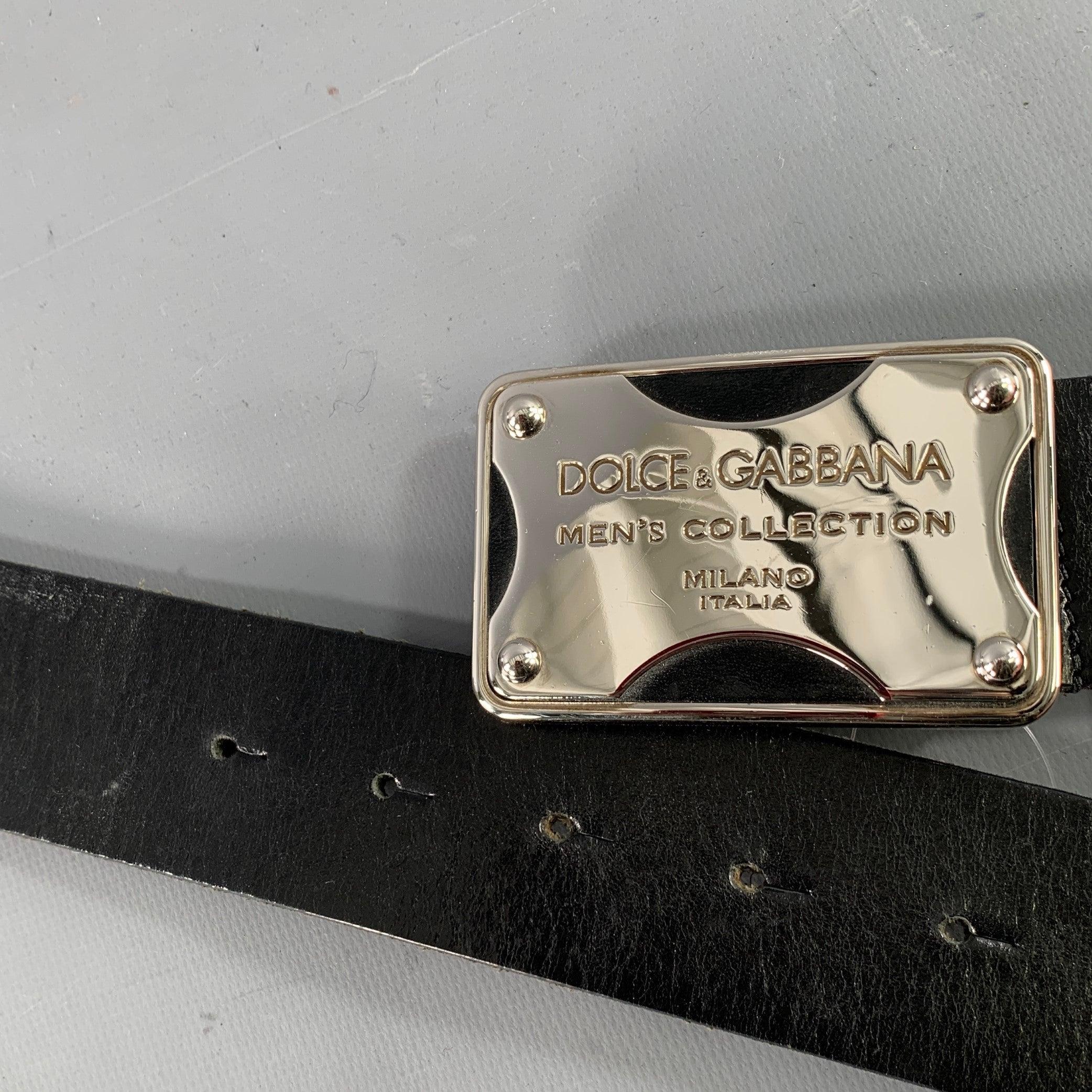 DOLCE & GABBANA Size 34 Black Silver Leather Belt For Sale 2