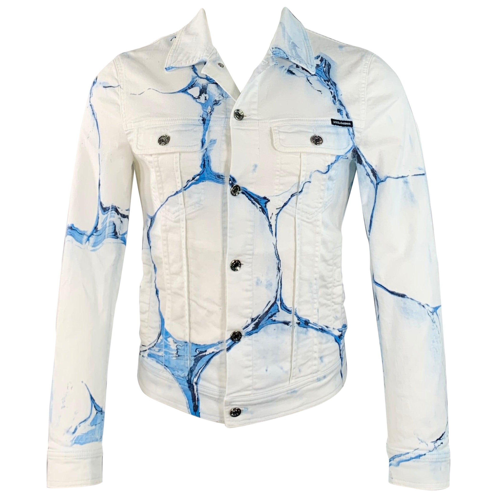 DOLCE 
GABBANA Size 34 White Blue Marbled Denim Button Up Trucker Jacket in vendita