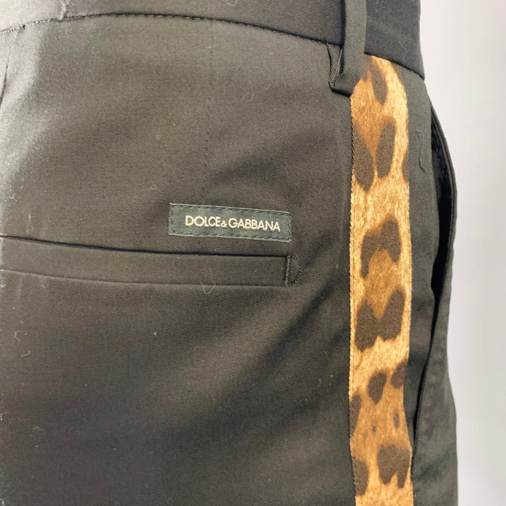 DOLCE & GABBANA Size 36 Black Brown Leopard Stripe Cotton Blend Dress Pants In Excellent Condition For Sale In San Francisco, CA