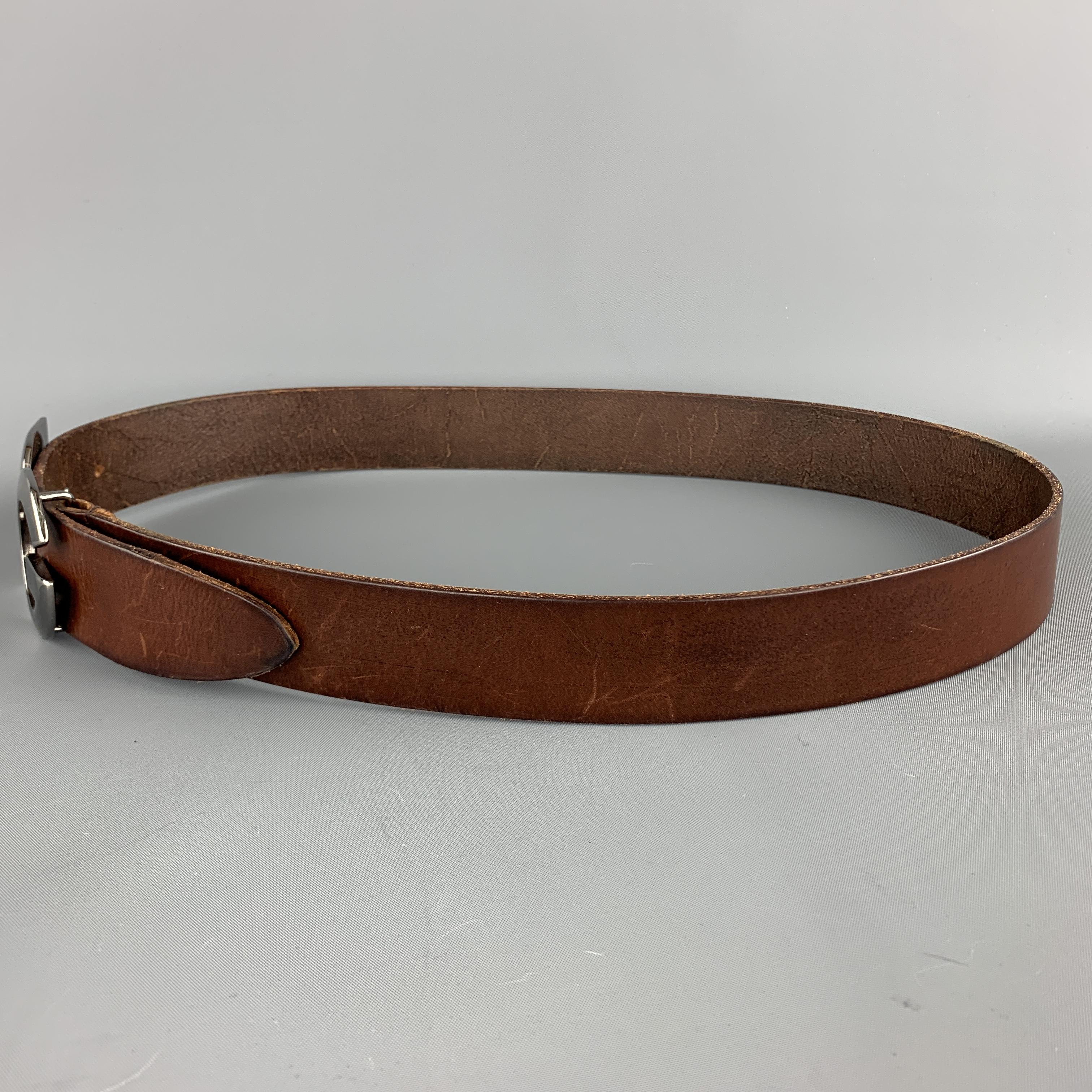 Men's DOLCE & GABBANA Size 36 Brown Leather Dark Silver Metal DG Buckle Belt