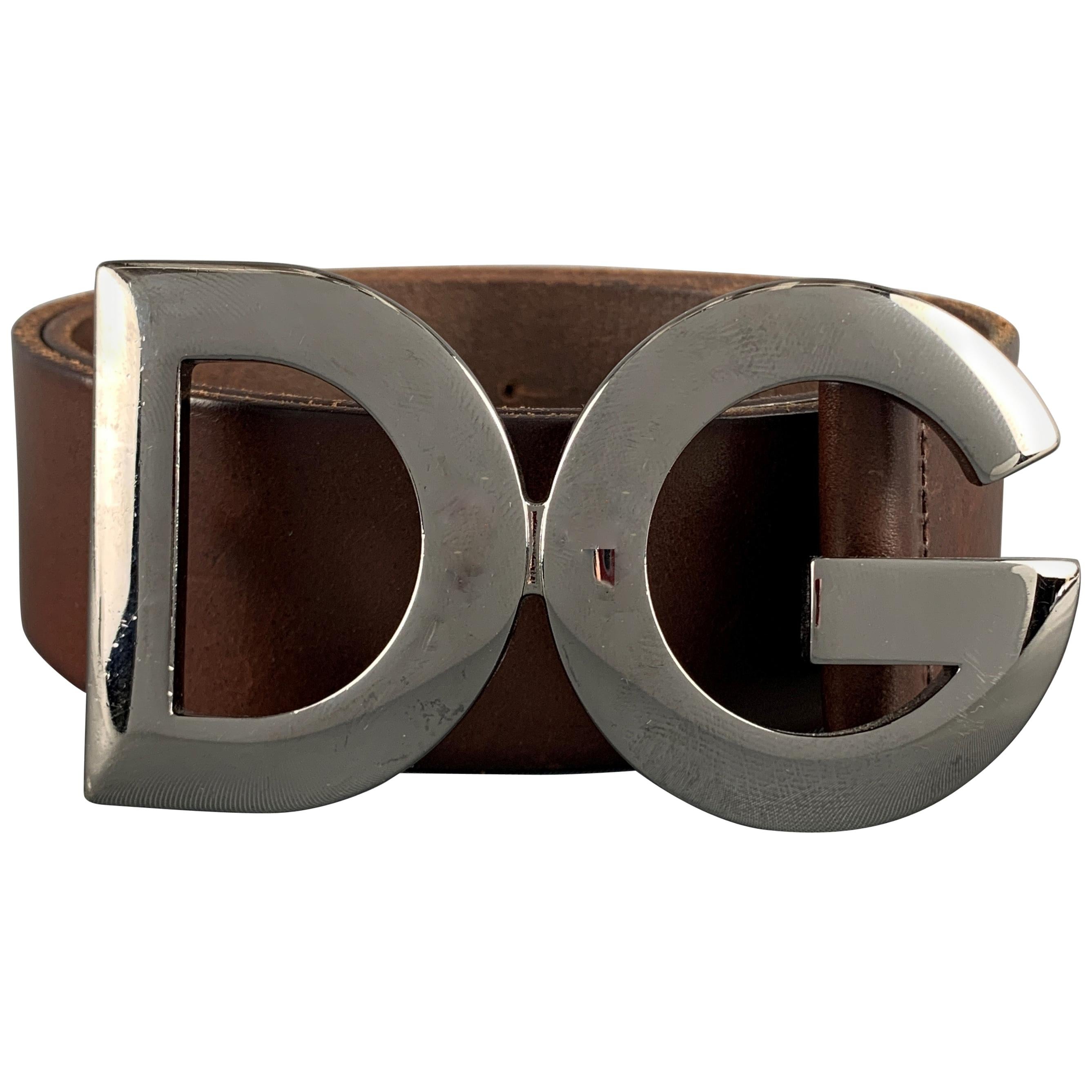 DOLCE & GABBANA Size 36 Brown Leather Dark Silver Metal DG Buckle Belt