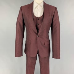 DOLCE & GABBANA Size 36 Burgundy Jacquard Wool Silk Shawl Collar 3 Piece Suit