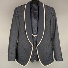 DOLCE & GABBANA Size 36 Navy White Jacquard Silk Blend Shawl Collar 3 Piece Suit