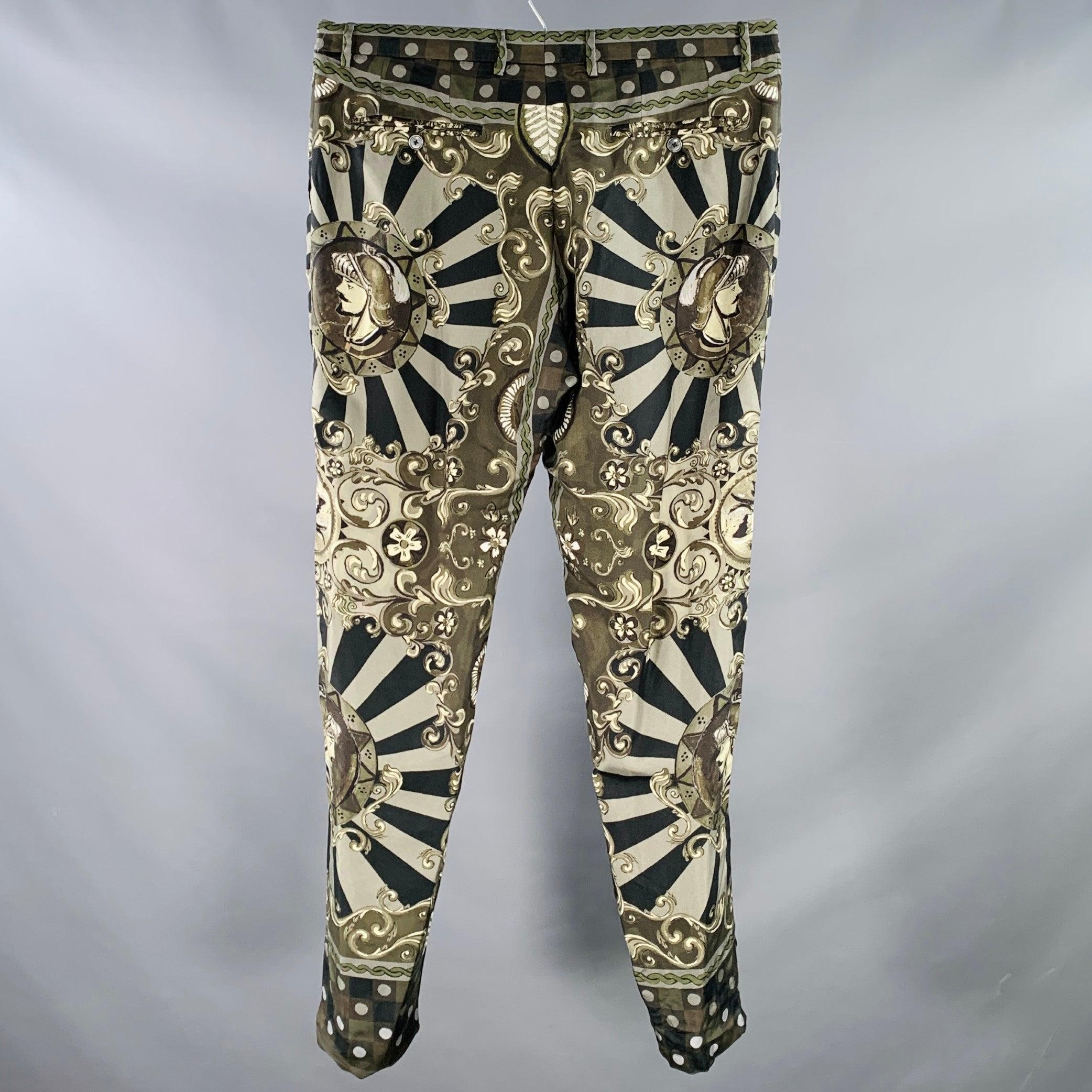DOLCE & GABBANA Size 36 Olive Black Print Silk Zip Fly Dress Pants In Good Condition In San Francisco, CA
