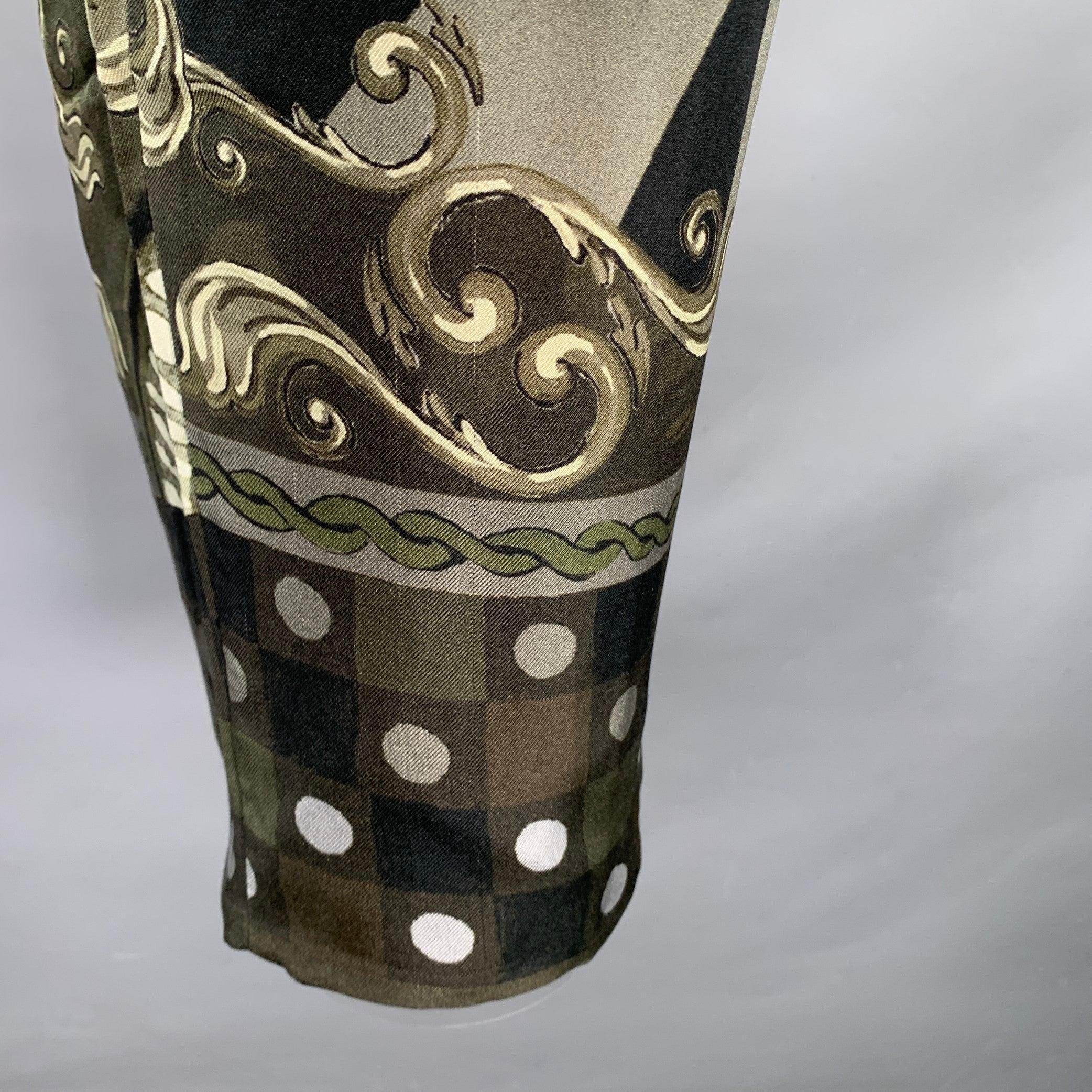Men's DOLCE & GABBANA Size 36 Olive Black Print Silk Zip Fly Dress Pants