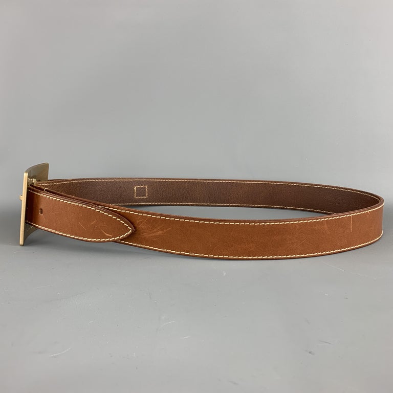 DOLCE and GABBANA Size 36 Tan Leather Double Square Brass Buckle Belt ...