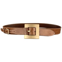 DOLCE & GABBANA Size 36 Tan Leather Double Square Brass Buckle Belt $164.00