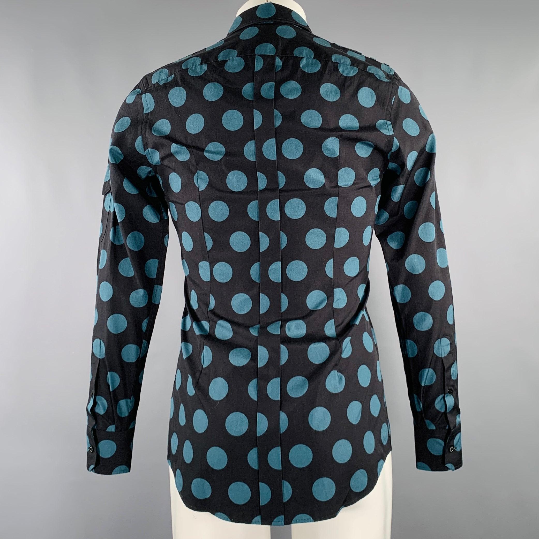 Men's DOLCE & GABBANA Size 38 Black Blue Dots Cotton Epaulettes Long Sleeve Shirt For Sale