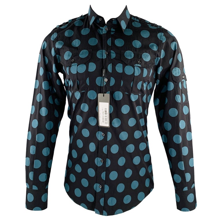 DOLCE and GABBANA Size 38 Black Blue Dots Cotton Epaulettes Long Sleeve  Shirt For Sale at 1stDibs
