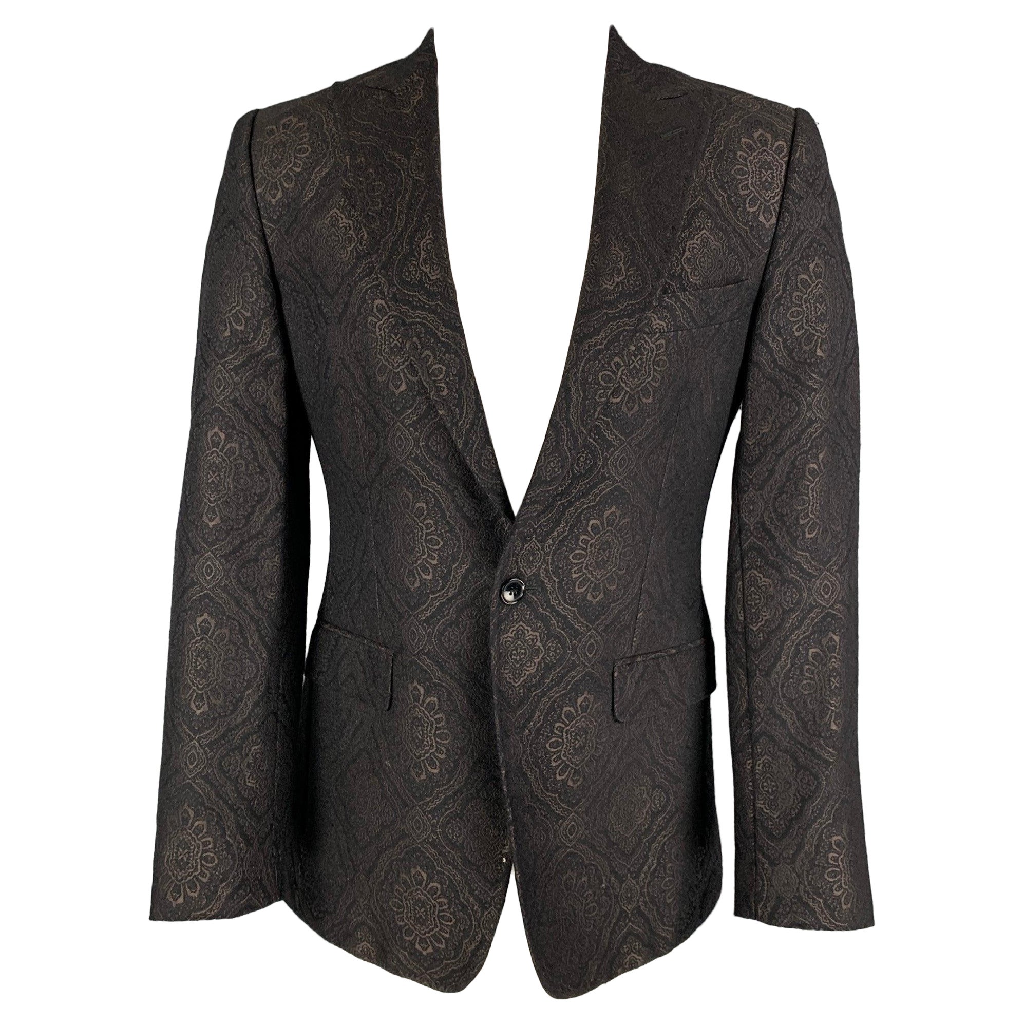 DOLCE & GABBANA Talla 38 Negro Marrón Jacquard Lana Solapa Pico Abrigo Deportivo