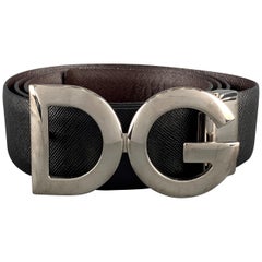 DOLCE & GABBANA Size 38 Black & Brown Textured Leather SIlver Tone DG Buckle Bel