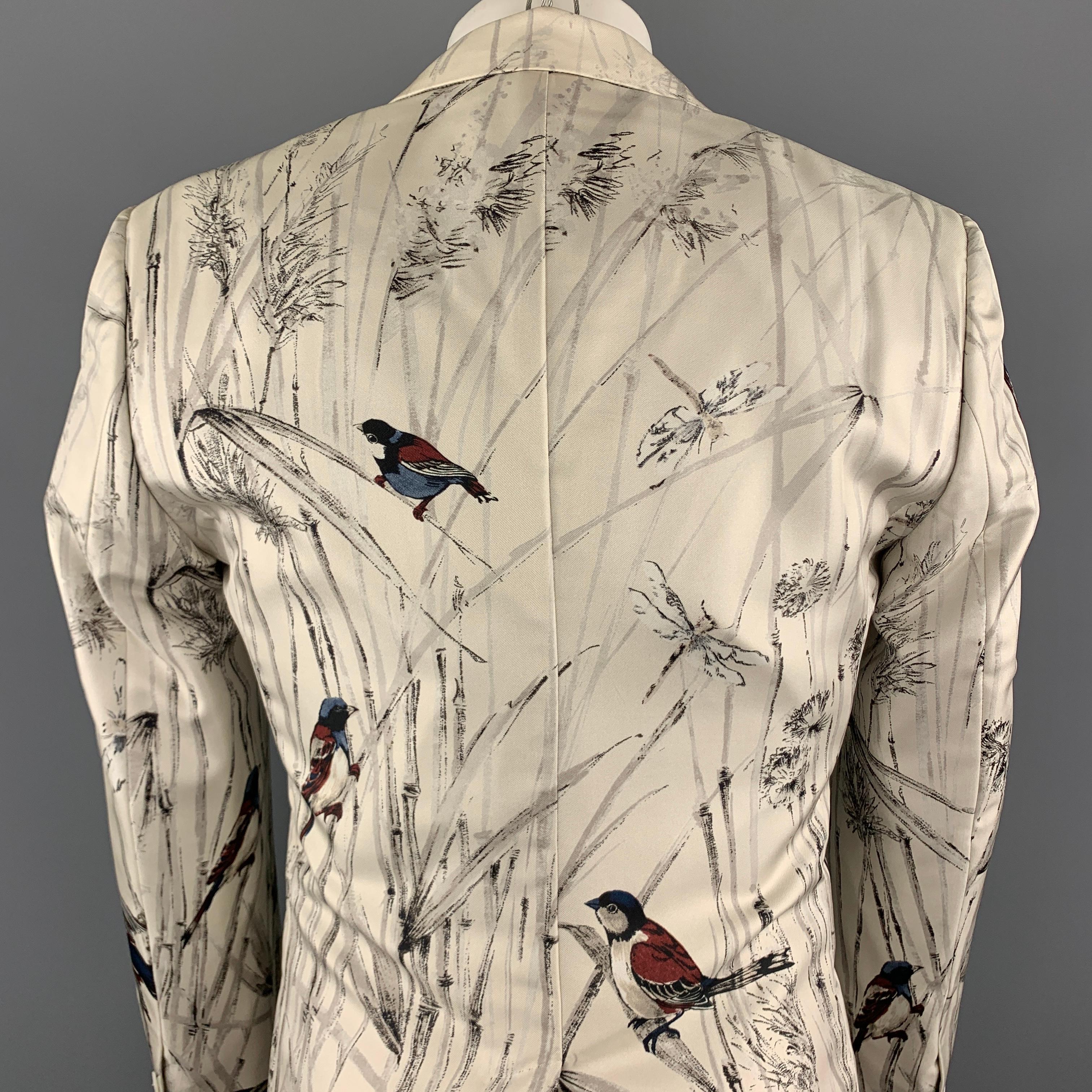 Men's DOLCE & GABBANA Size 38 Ivory Birds Print Silk Peak Lapel Sport Coat
