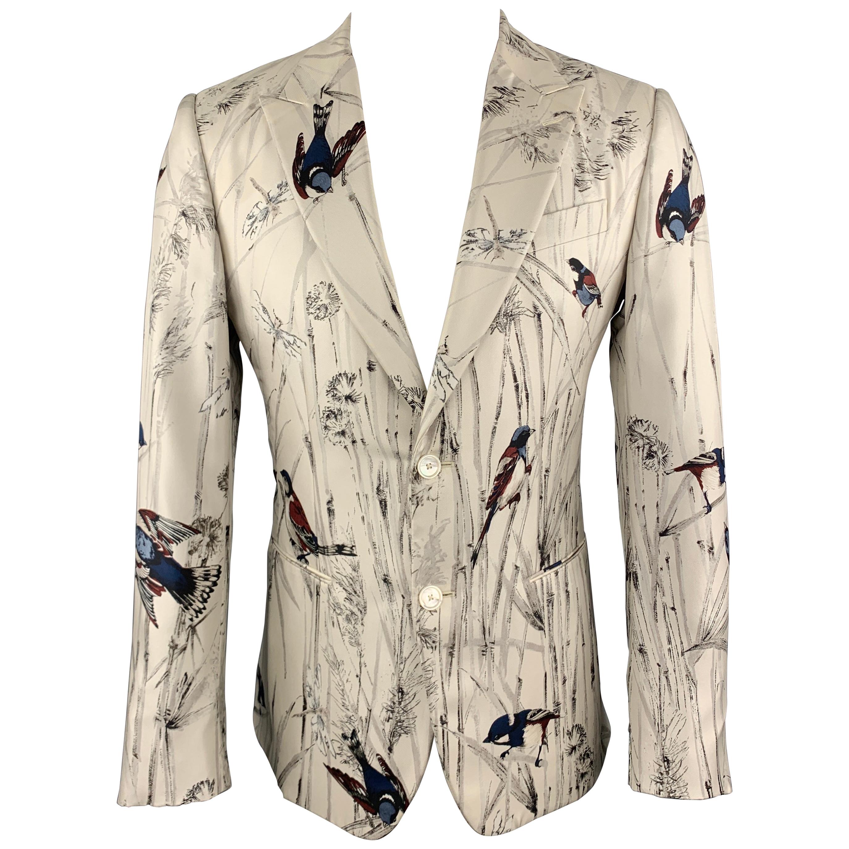 DOLCE & GABBANA Size 38 Ivory Birds Print Silk Peak Lapel Sport Coat