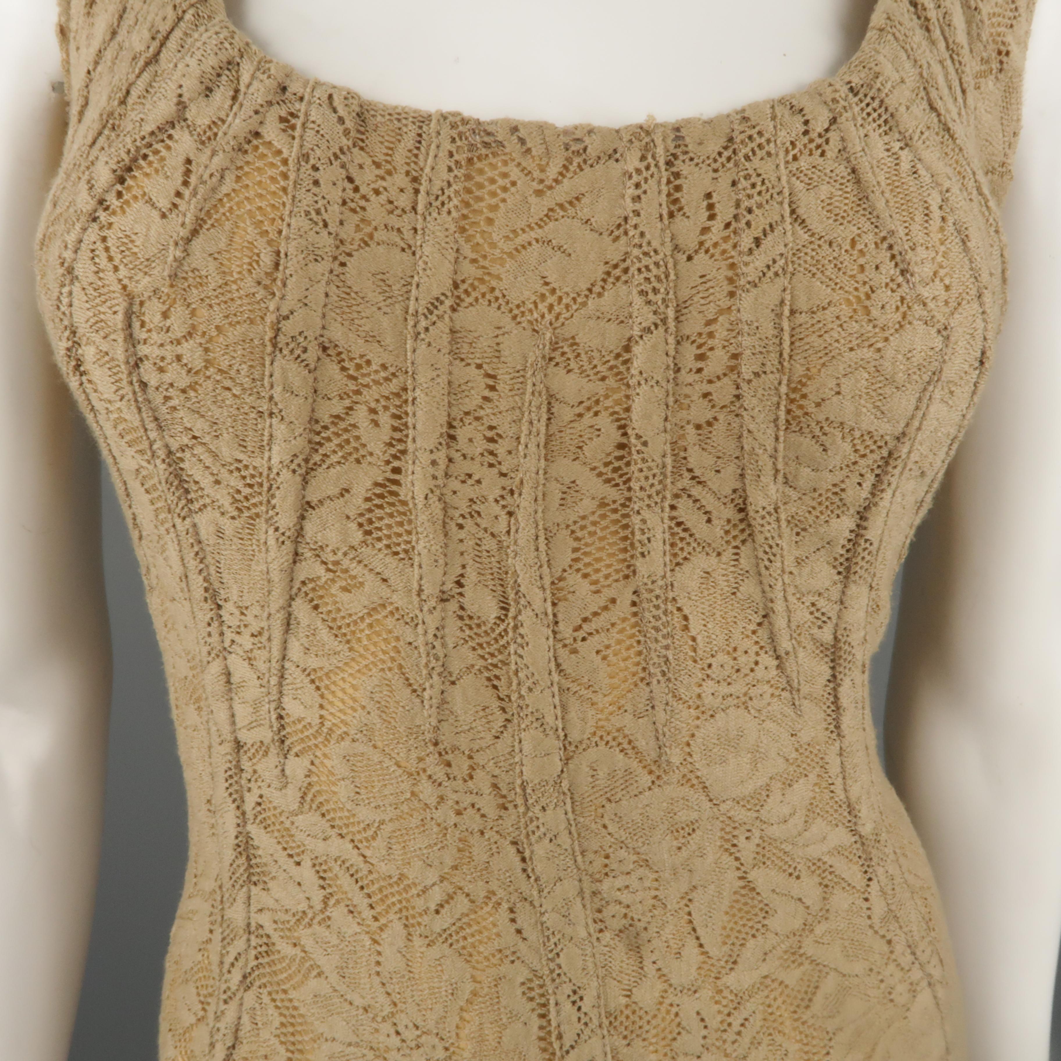 DOLCE & GABBANA Size 4 Beige Stretch Wool Lace Sleeveless Cocktail Dress In Good Condition In San Francisco, CA
