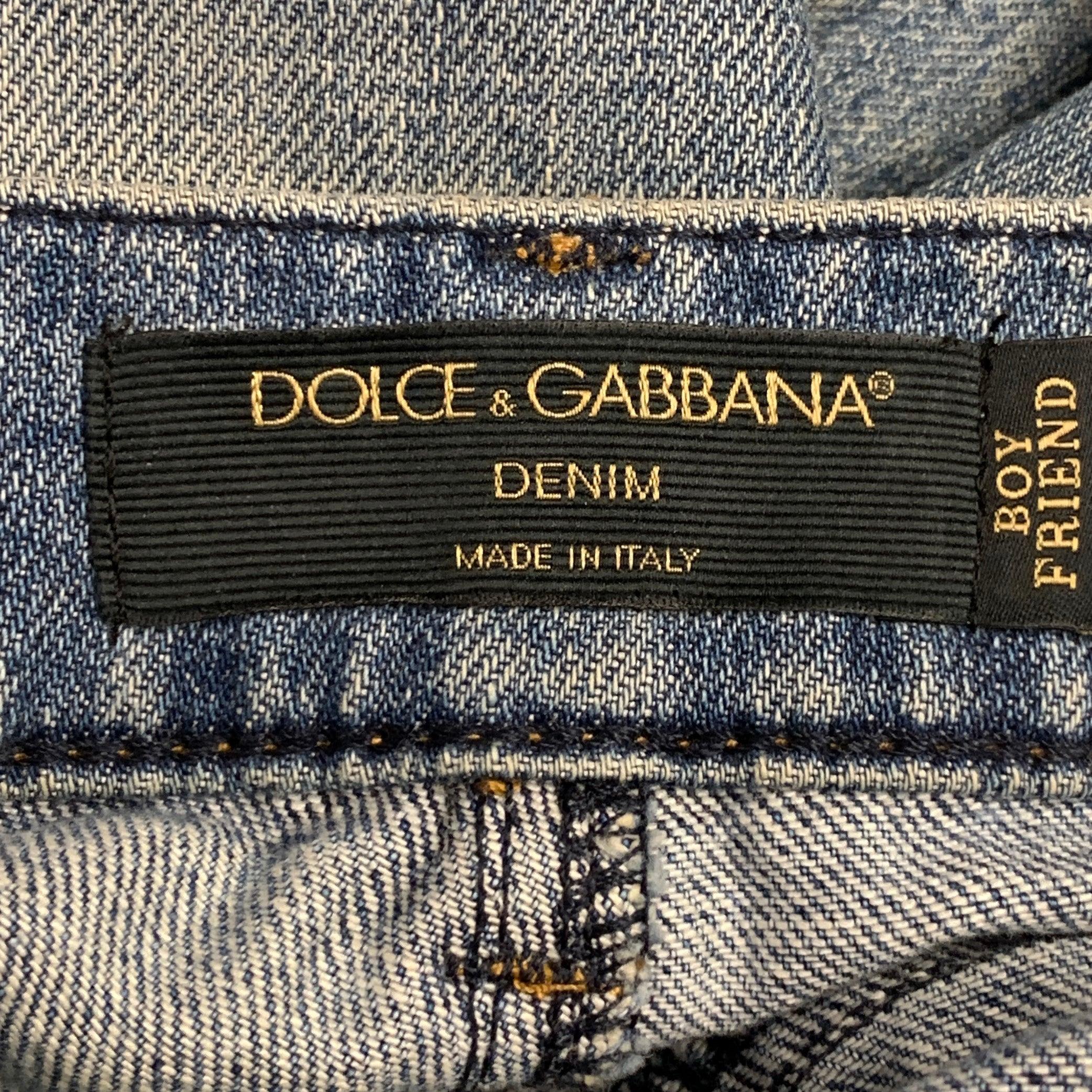 Women's DOLCE & GABBANA Size 4 Blue Cotton Distressed Boyfriend Jeans For Sale