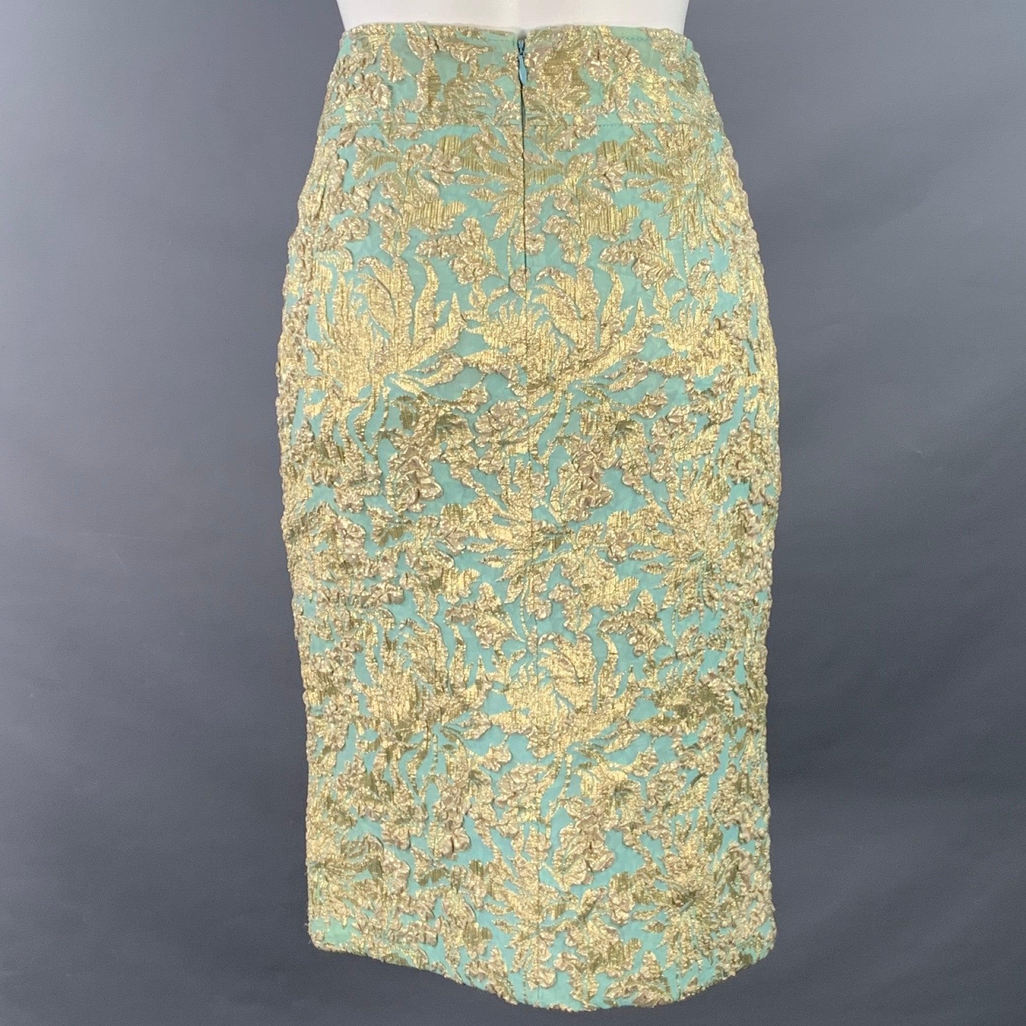 Beige Dolce & Gabbana Taille 4 Jupe crayon en soie mélangée verte et dorée Fleur de lis en vente